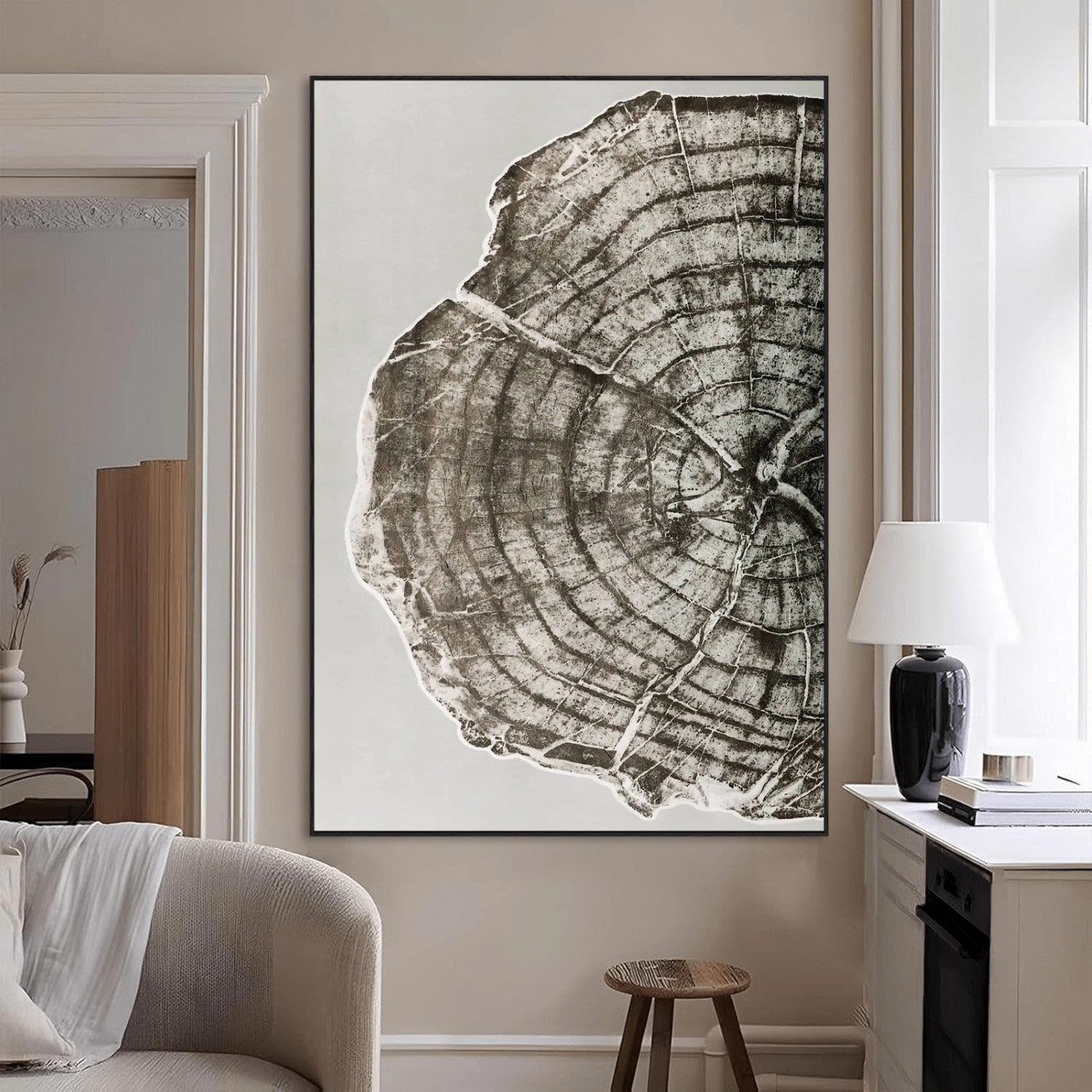 A close-up tree ring cross-section with neutral tones and organic texture, perfect for rustic, modern, or minimalist interior wall decor.