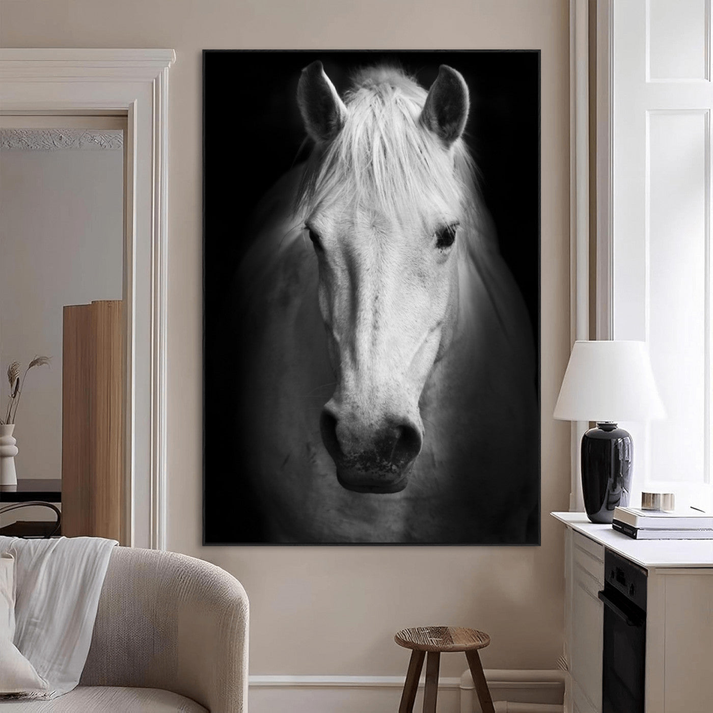 Large Wall Art White Horse on Black Background Canvas Print
