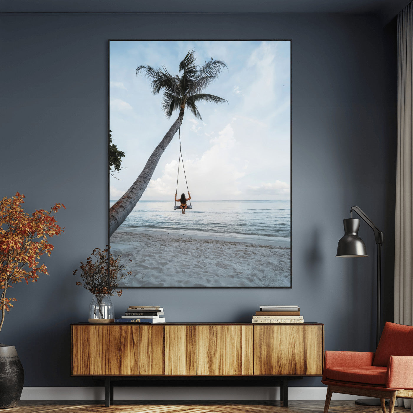Wall art of a girl on a swing hanging from a palm tree over calm ocean waters, perfect for tropical or minimalist coastal decor.