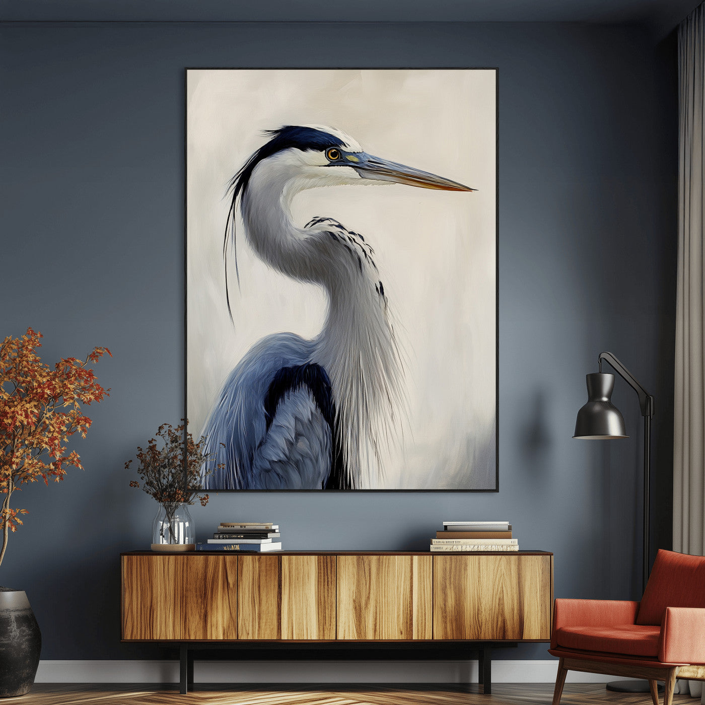 Elegant blue heron in profile with soft brush detail and neutral tones, ideal for nature-themed or coastal minimalist interiors.