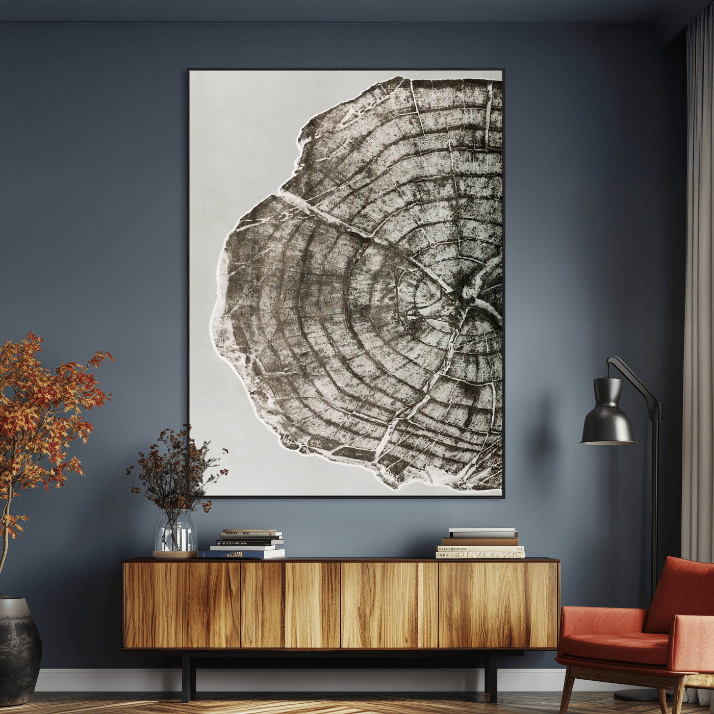 A close-up tree ring cross-section with neutral tones and organic texture, perfect for rustic, modern, or minimalist interior wall decor.