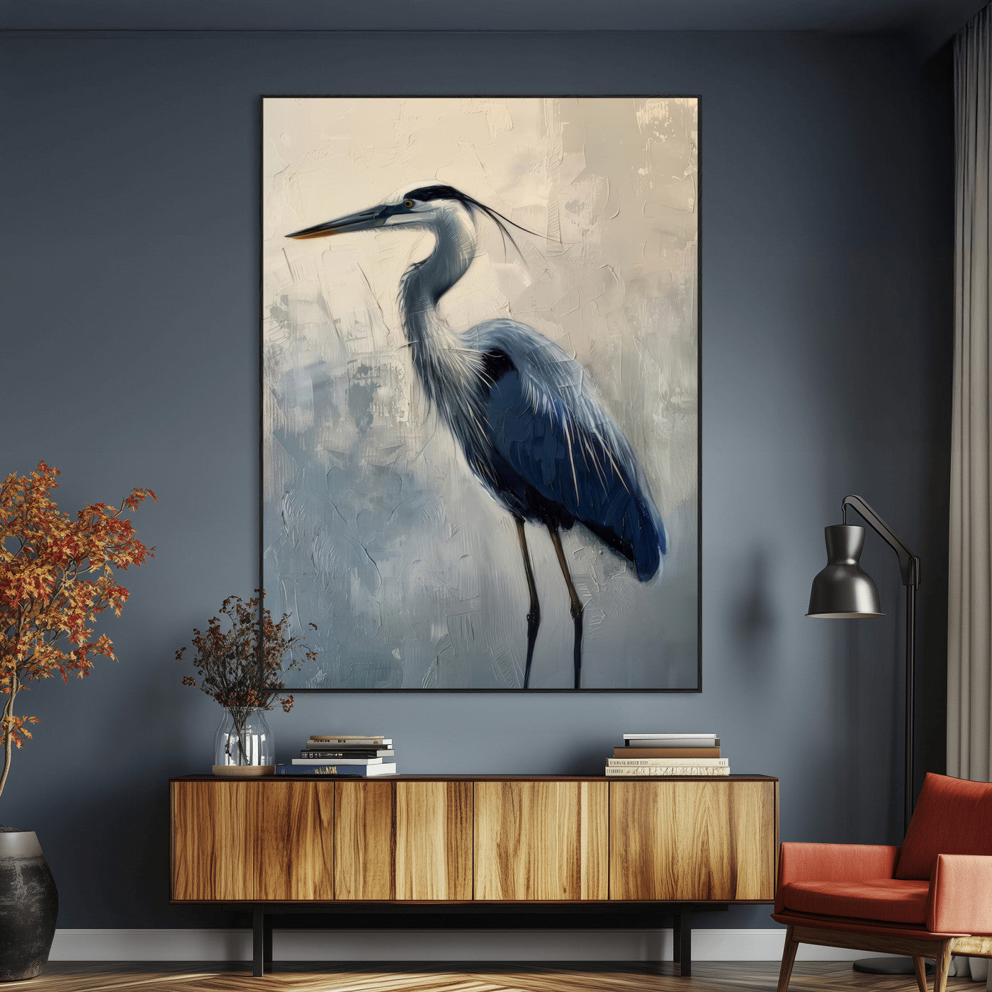 Elegant heron bird standing tall with soft brushstroke texture and muted tones, perfect for coastal or nature-themed home decor.