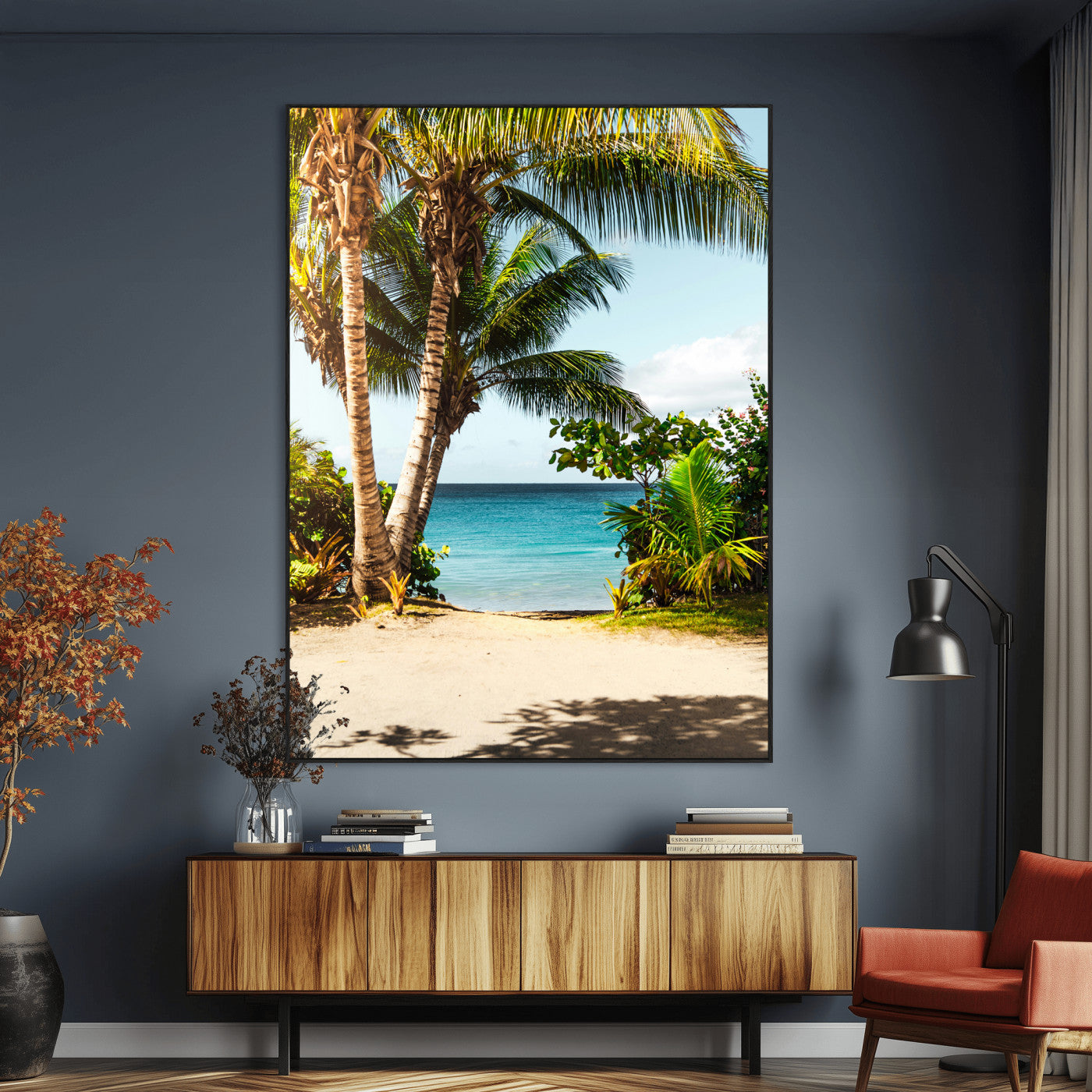 Tropical beach with palm trees, blue ocean, and clear sky, perfect for coastal or beach-themed wall decor in sunny living spaces.