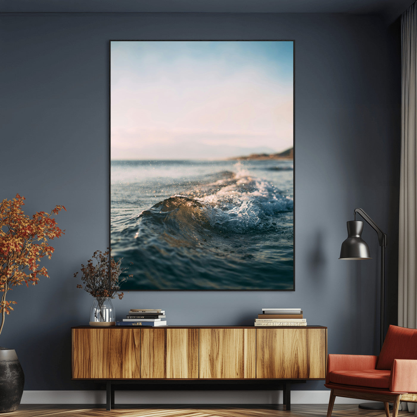 Close-up of ocean waves rolling gently toward the shore at sunset, creating a peaceful and minimalist coastal scene.