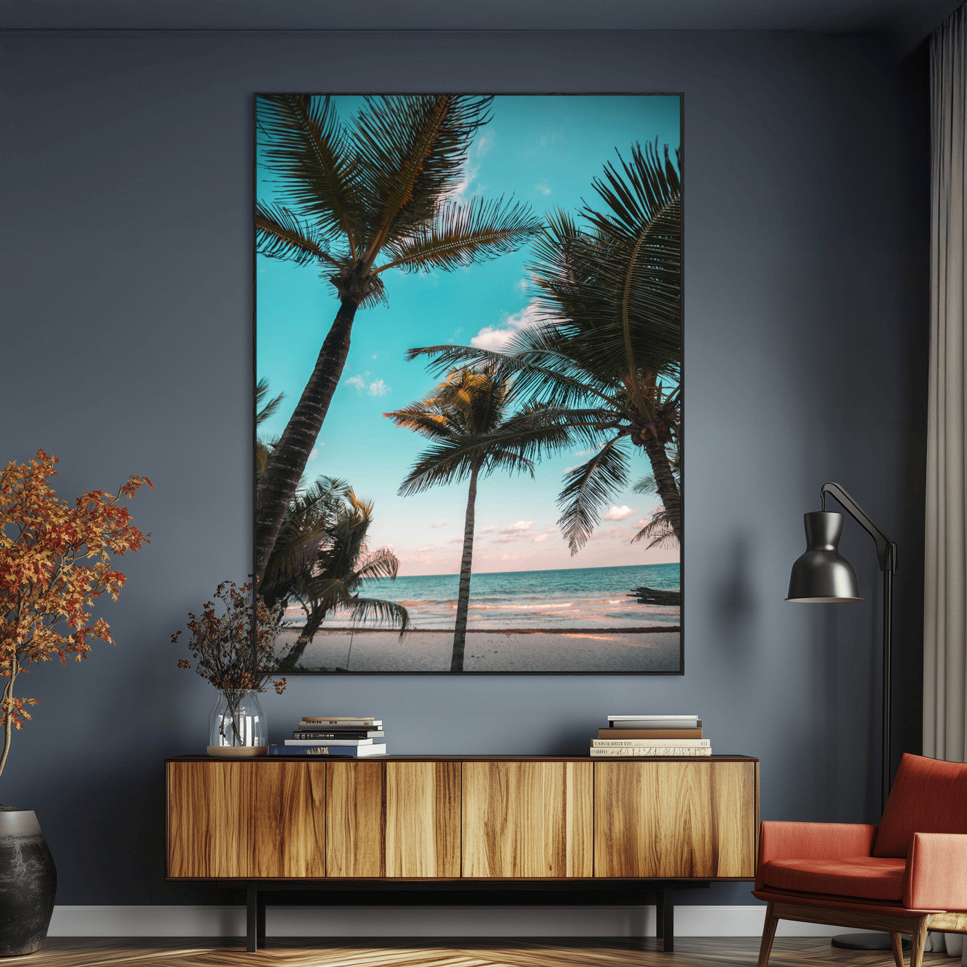 Tall palm trees swaying over a tropical beach with turquoise ocean waves and a soft sunset glow, creating a relaxing coastal vibe.