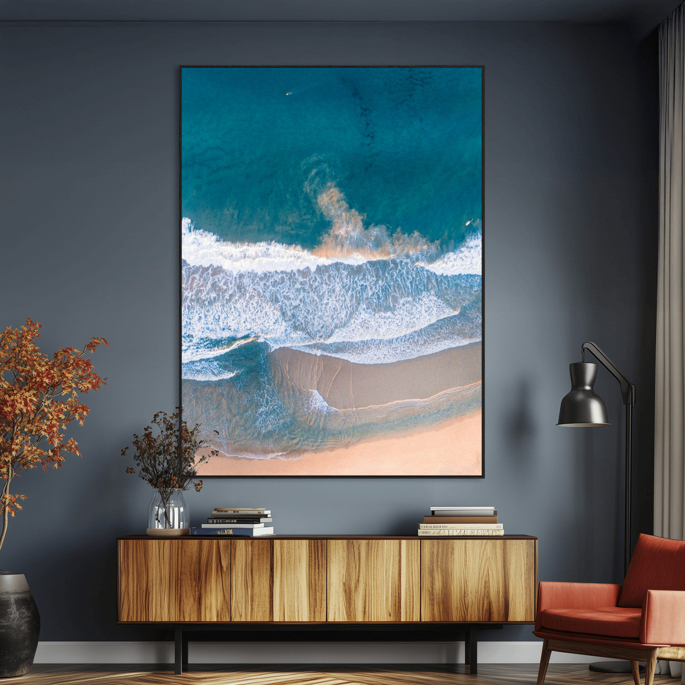 -Aerial Beach View Wall Art Canvas Print, Framed Ocean Waves Art Picture Print, Coastal Serenity Perfect Coastal Minimalist Decor Artwork
