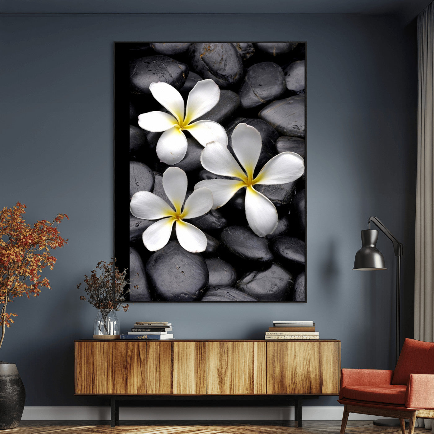 Large Wall Art White Flowers on Black Zen Meditation Stones Vertical Canvas Print