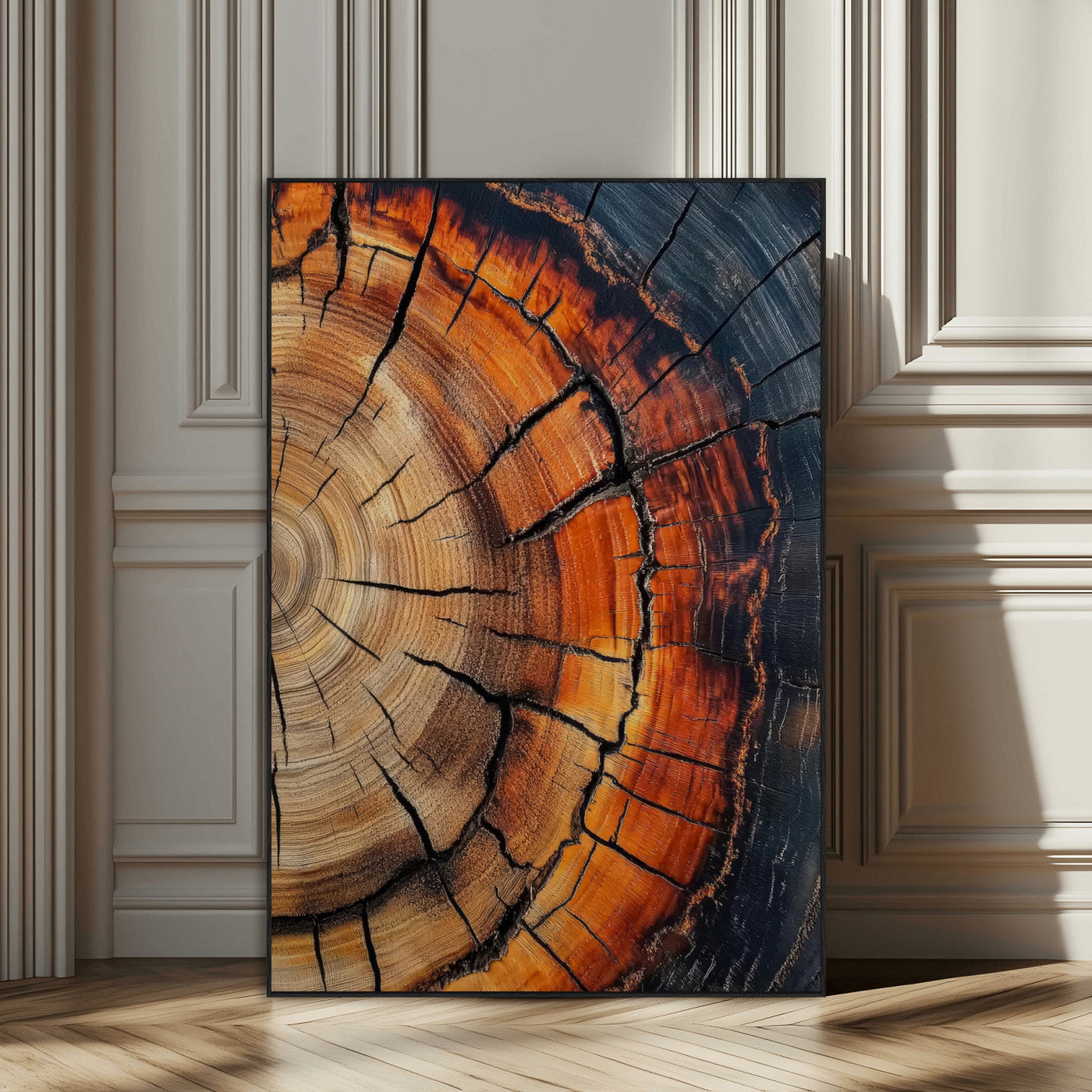 Framed canvas of burnt tree rings with rich wood texture and warm tones, ideal for rustic or earth-inspired interior decor.