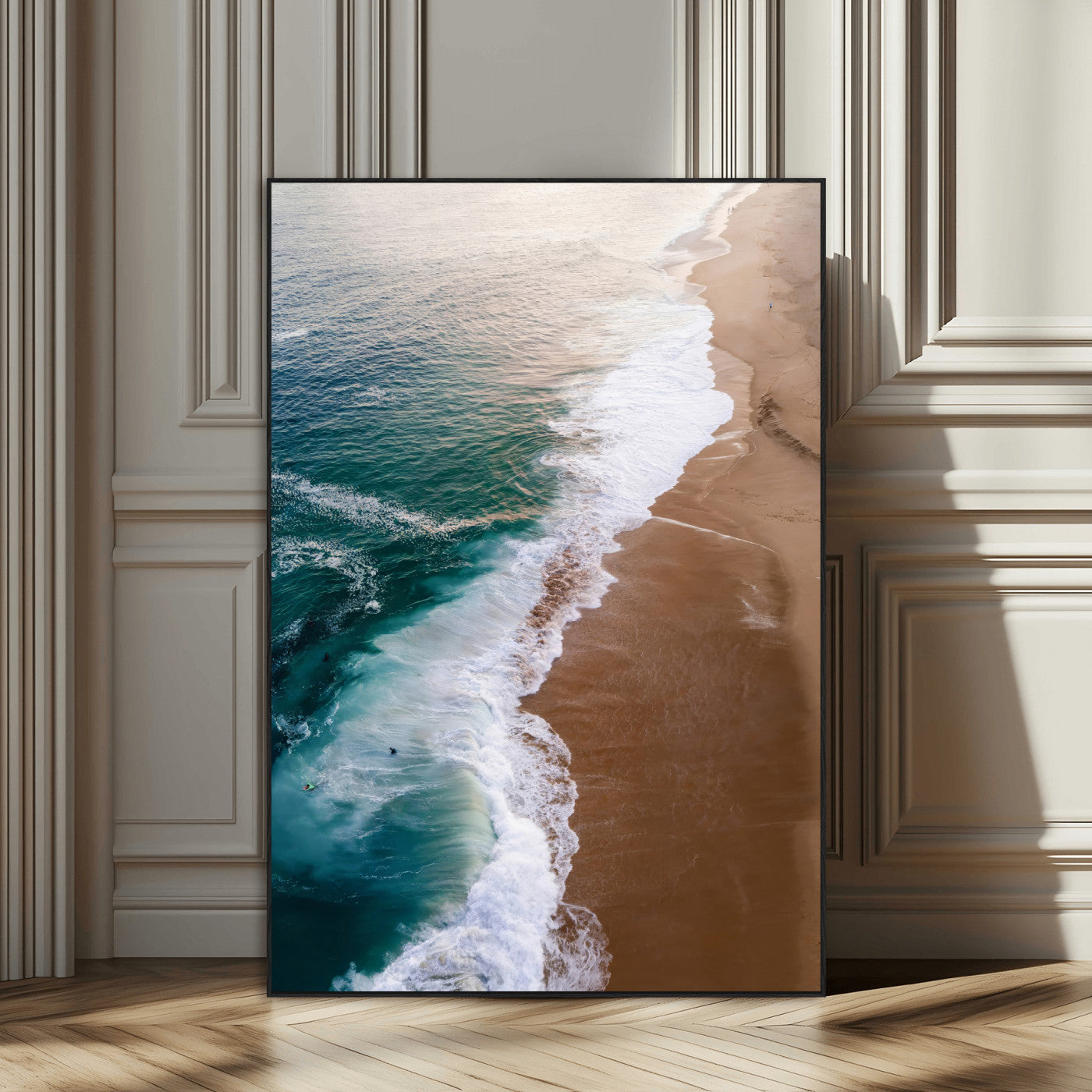 Canvas of a dreamy aerial beach scene with turquoise waves and soft sunset tones, ideal for modern coastal or minimalist home decor.