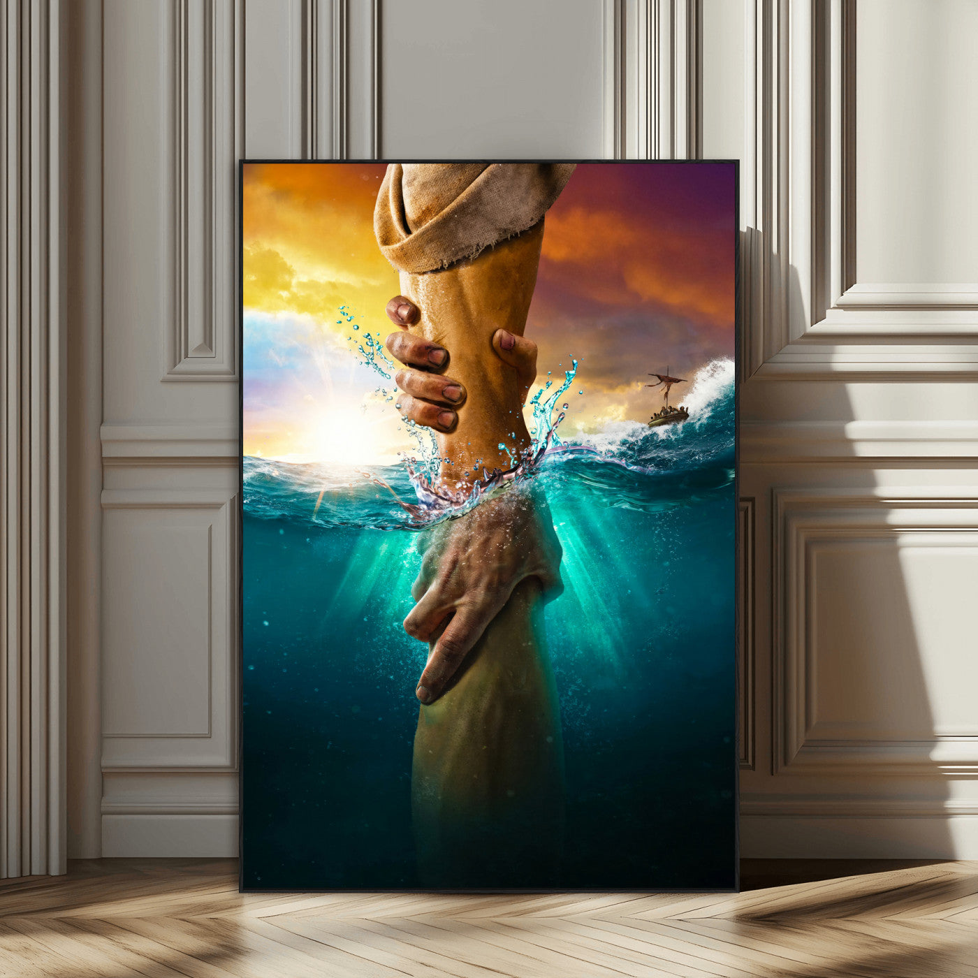 A dramatic scene of a hand reaching underwater and being lifted, symbolizing rescue and faith, ideal for spiritual or Christian wall decor.