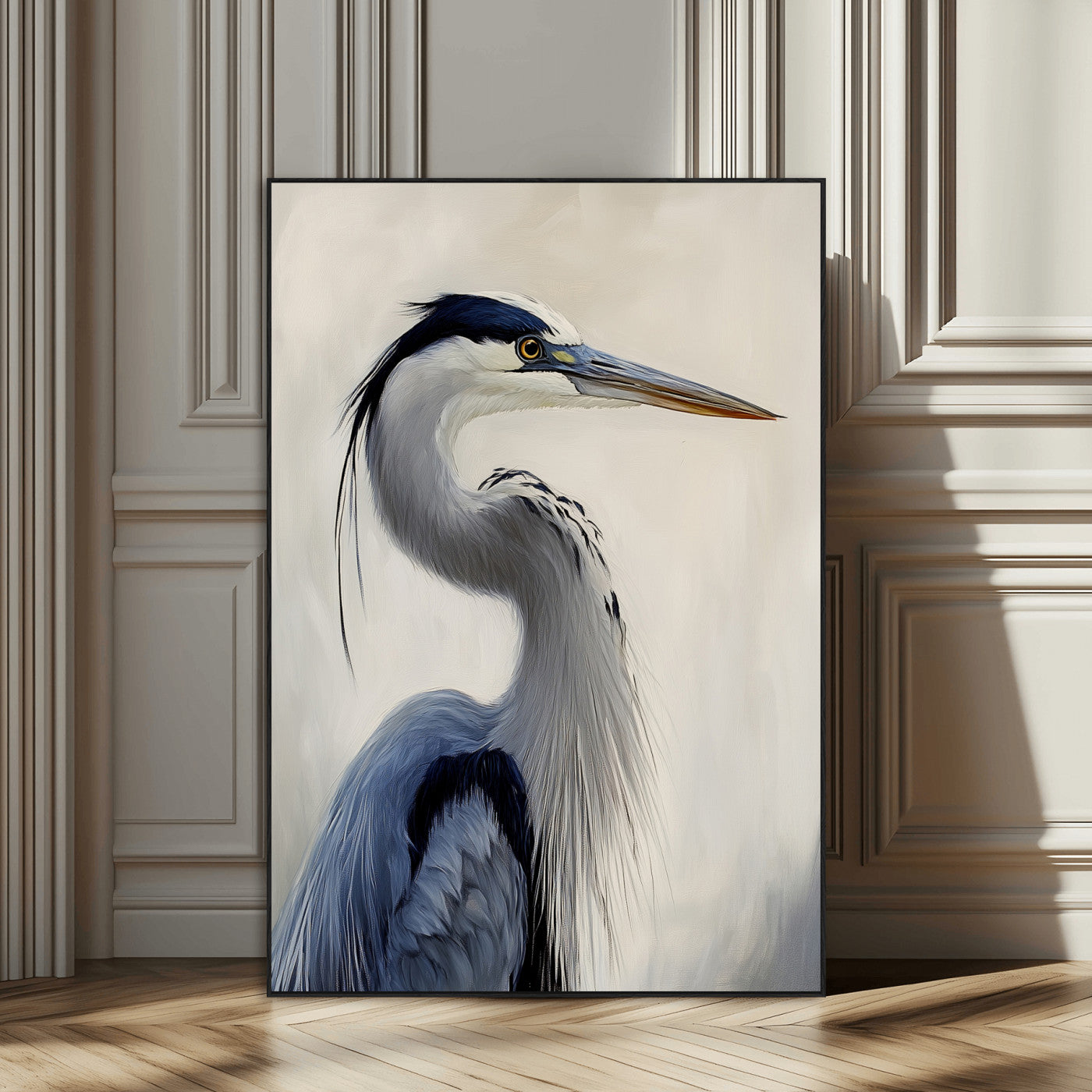 Elegant blue heron in profile with soft brush detail and neutral tones, ideal for nature-themed or coastal minimalist interiors.
