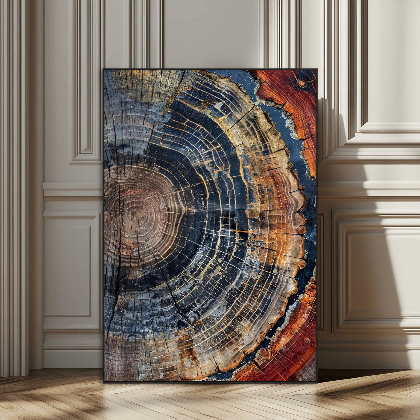 Detailed tree ring cross-section with rich earth tones and wood texture, ideal for rustic, cabin, or nature-inspired interior wall decor.