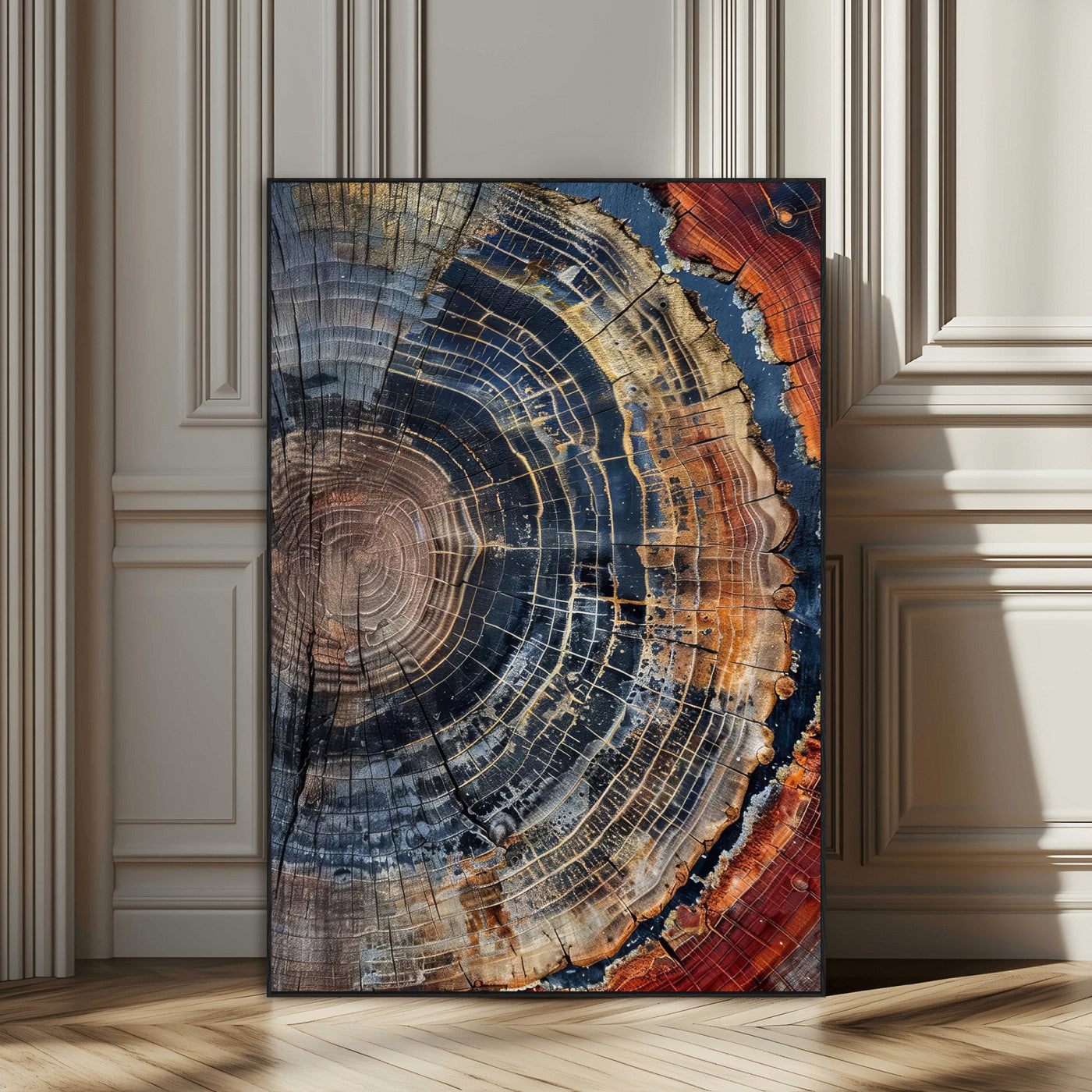 Close-up of a tree ring cross-section showing detailed growth rings in earthy tones, perfect for rustic or nature-inspired home decor.