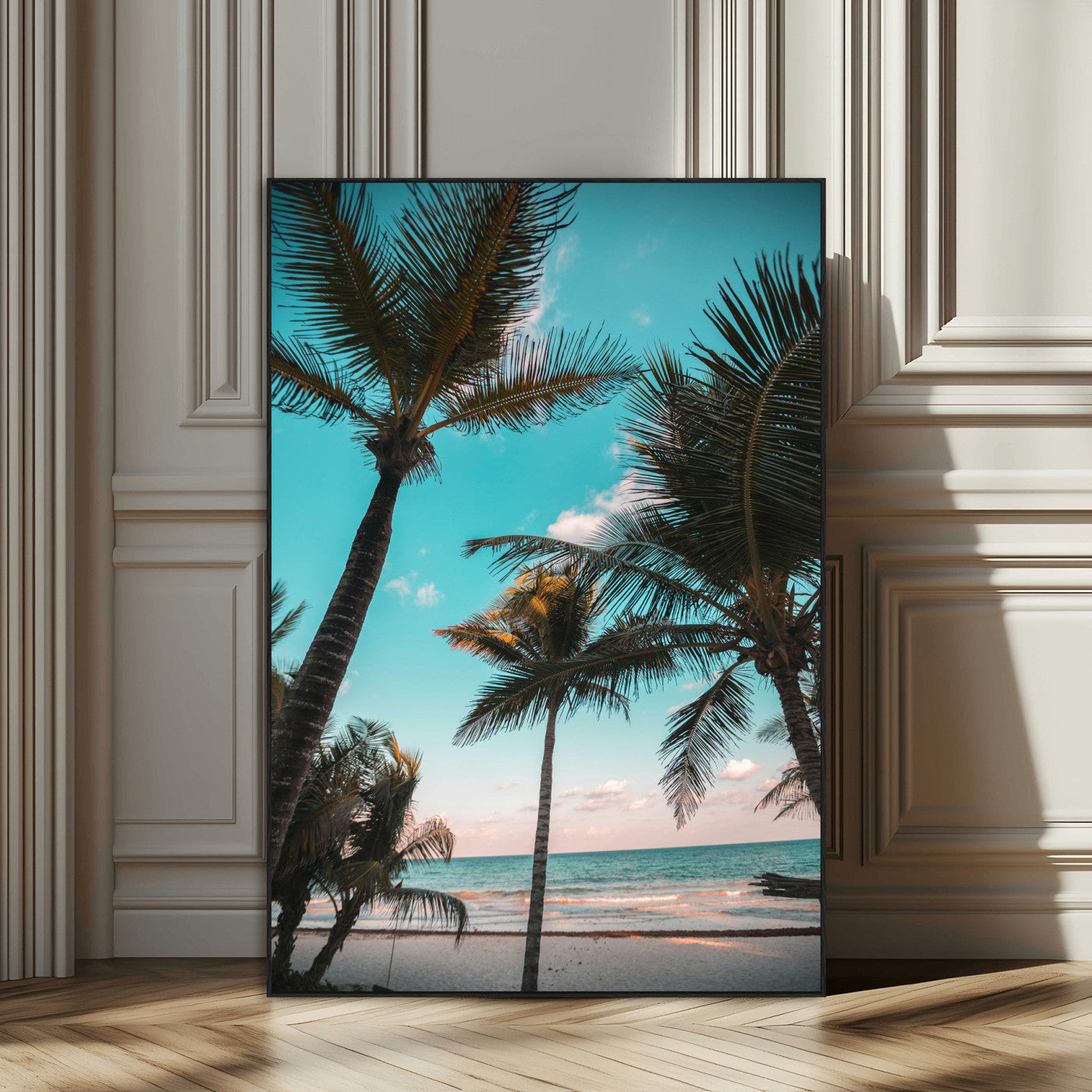 Tall palm trees swaying over a tropical beach with turquoise ocean waves and a soft sunset glow, creating a relaxing coastal vibe.