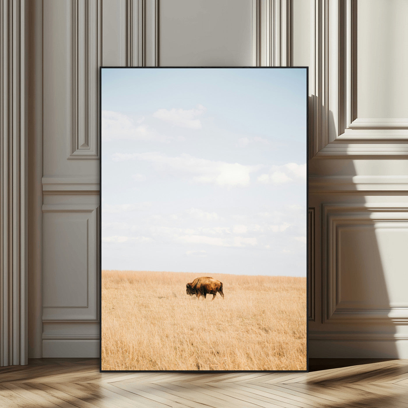 Minimalist Nature Wall Art Canvas Print, Framed Bison In Grassland Art Picture Print, Open Field Perfect Modern Ranch Decor Decor Artwork