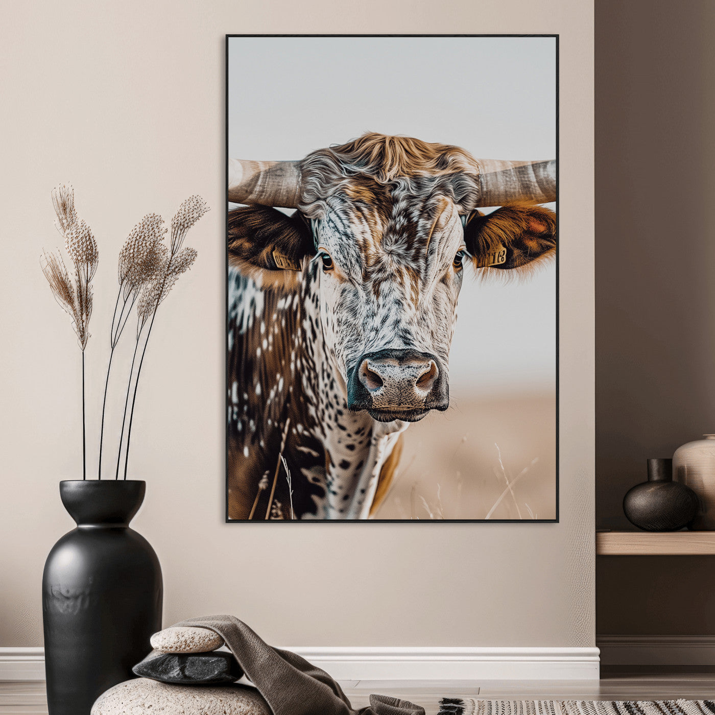 Canvas of a speckled Texas longhorn with wide curved horns and warm tones, perfect for rustic or country-style wall decor.