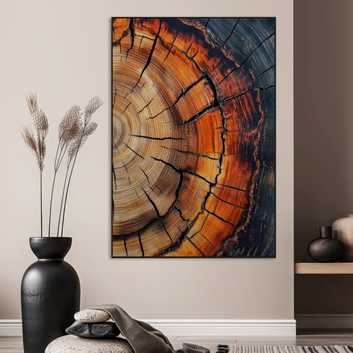 Framed canvas of burnt tree rings with rich wood texture and warm tones, ideal for rustic or earth-inspired interior decor.