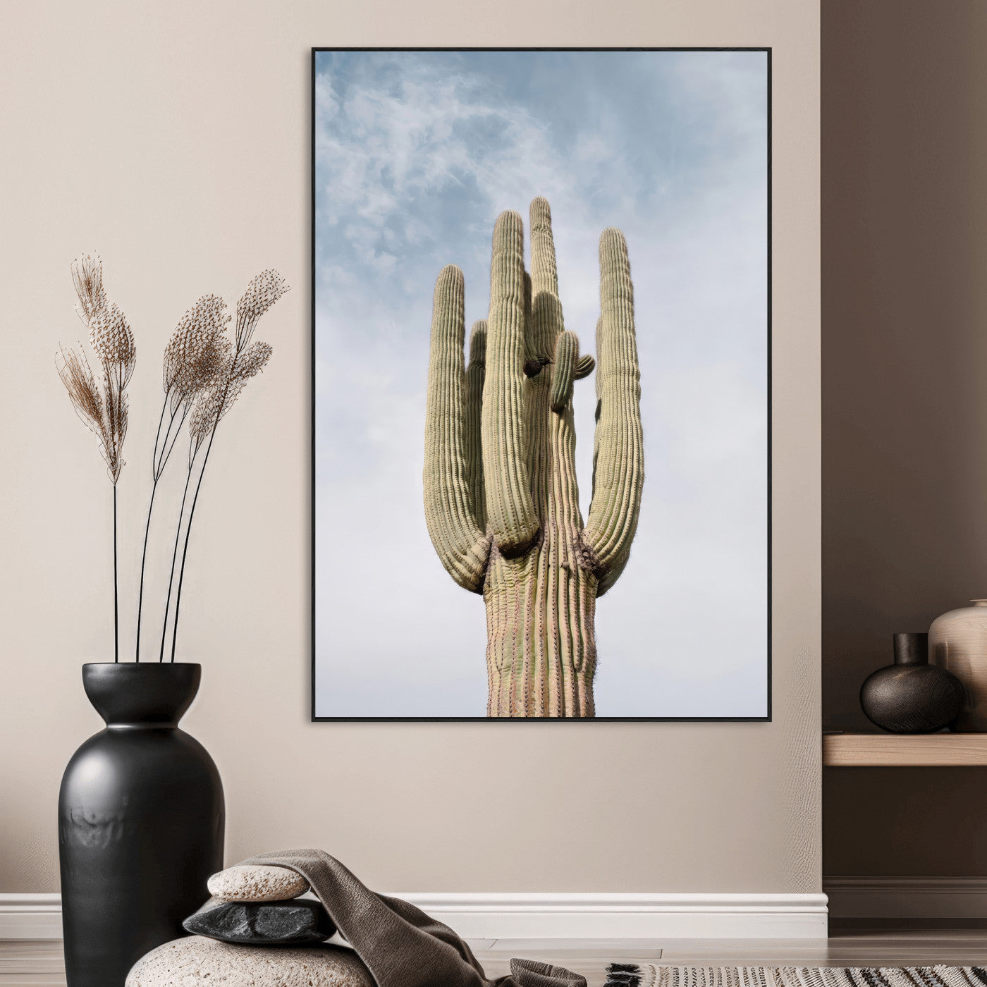 Vertical photo of a tall saguaro cactus against a soft sky, ideal for earthy or Southwestern home decor with warm neutral tones.