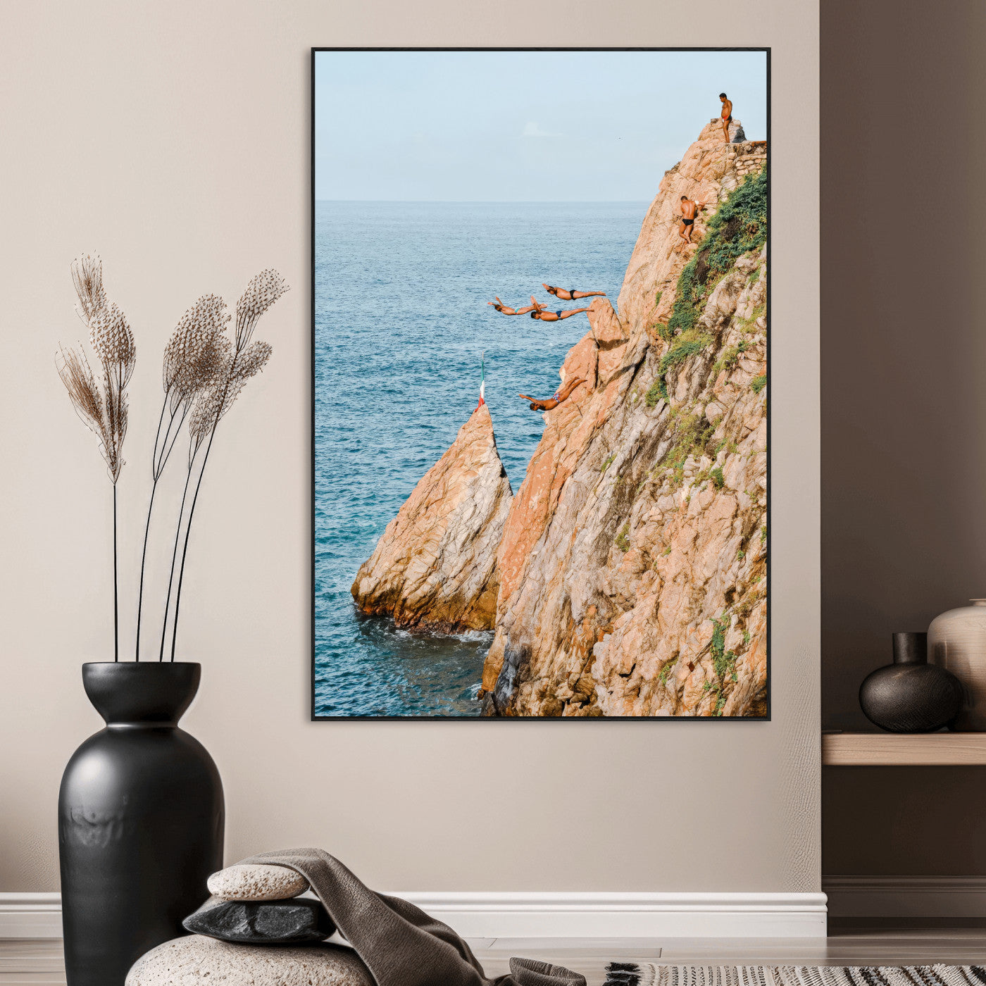 Canvas wall art capturing a bold cliff diving sequence into turquoise waters, perfect for vibrant and adventurous coastal or sporty interiors.