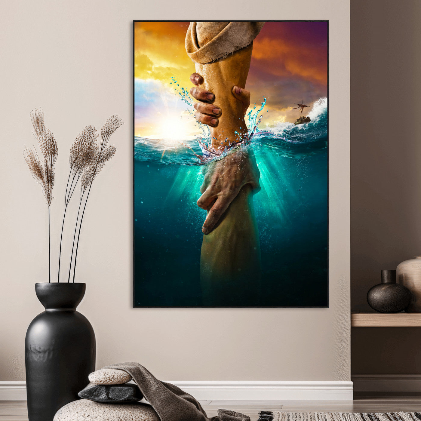 A dramatic scene of a hand reaching underwater and being lifted, symbolizing rescue and faith, ideal for spiritual or Christian wall decor.