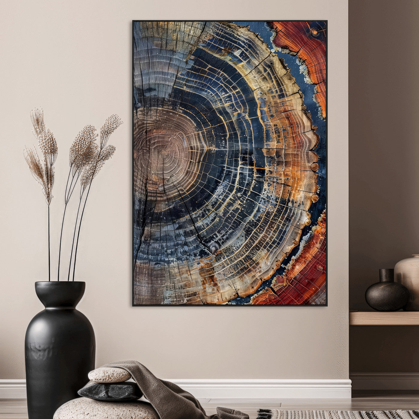 Close-up of a tree ring cross-section showing detailed growth rings in earthy tones, perfect for rustic or nature-inspired home decor.