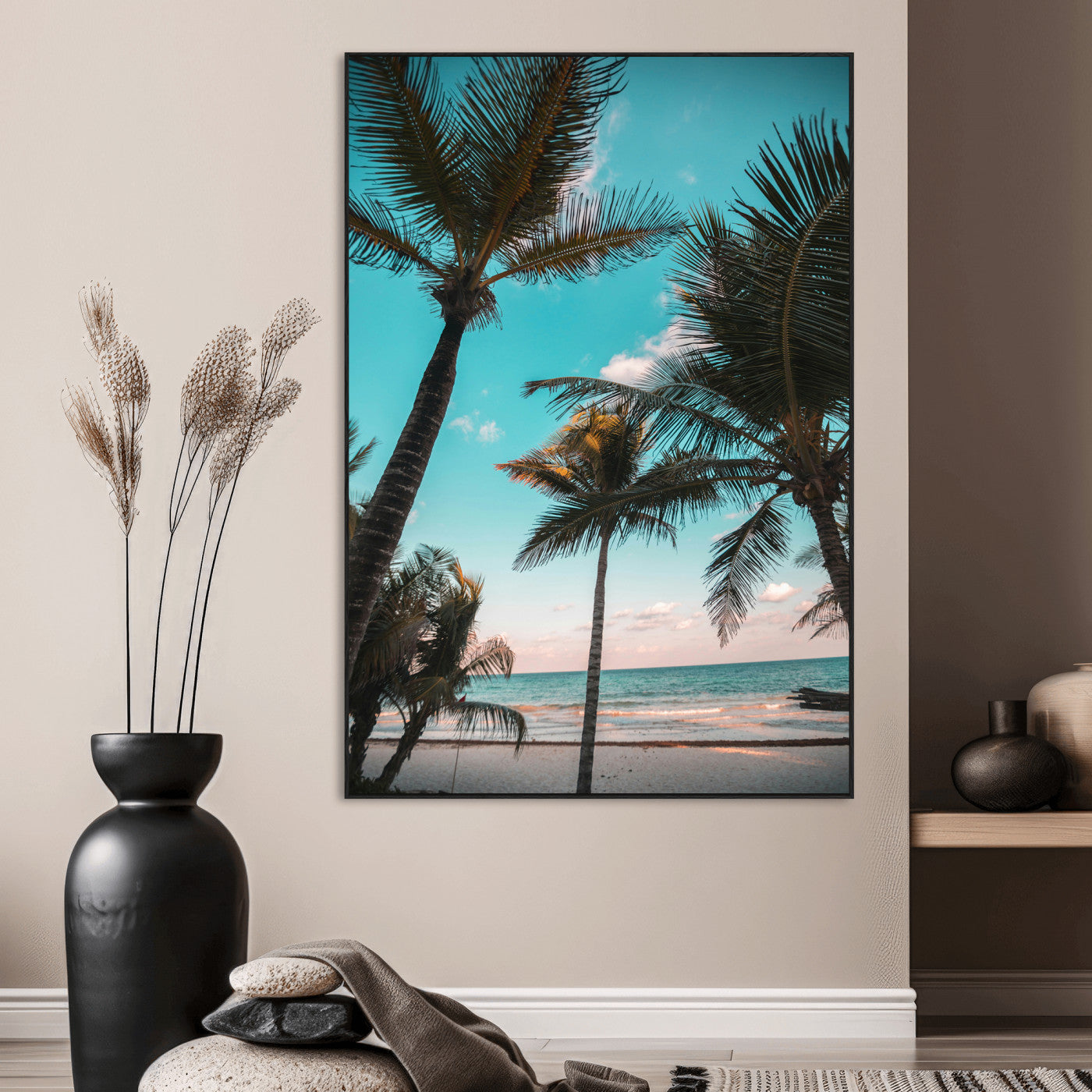 Tall palm trees swaying over a tropical beach with turquoise ocean waves and a soft sunset glow, creating a relaxing coastal vibe.
