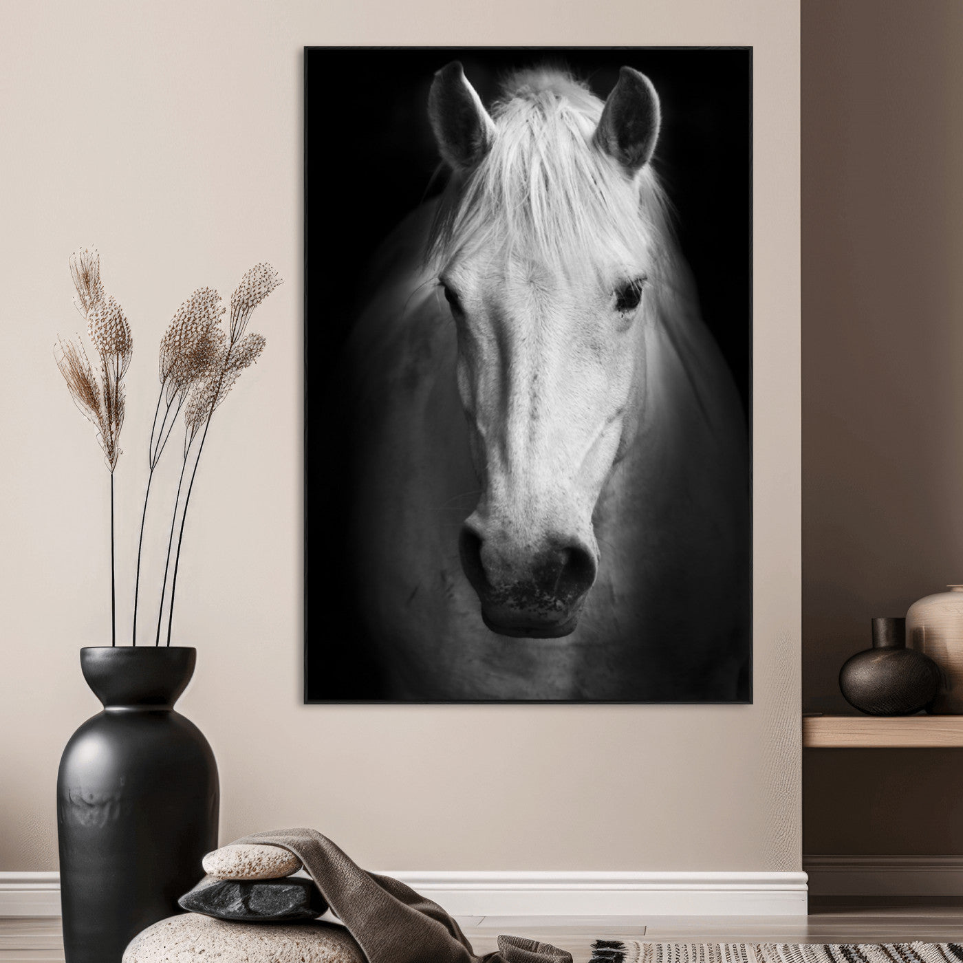Large Wall Art White Horse on Black Background Canvas Print