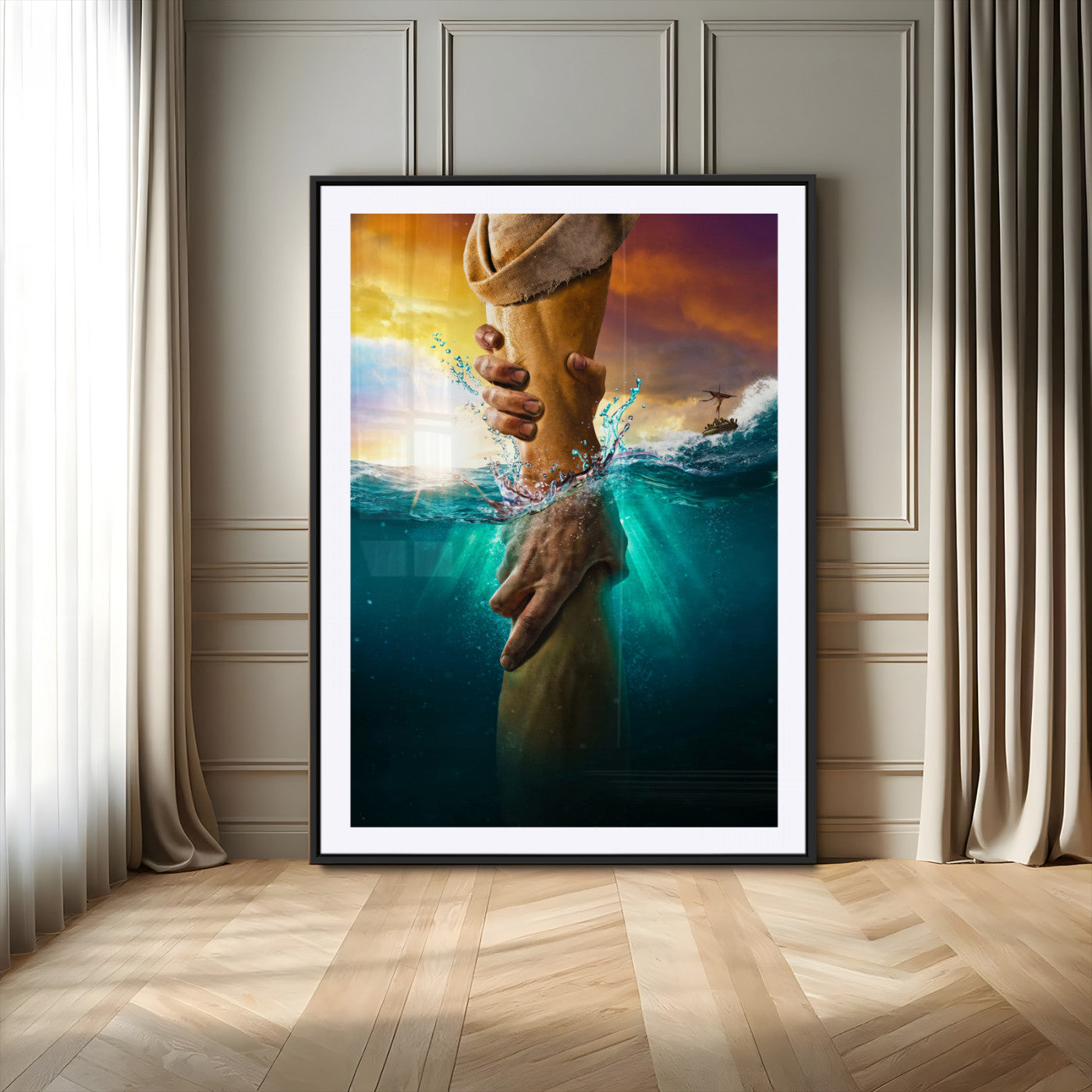 A dramatic scene of a hand reaching underwater and being lifted, symbolizing rescue and faith, ideal for spiritual or Christian wall decor.