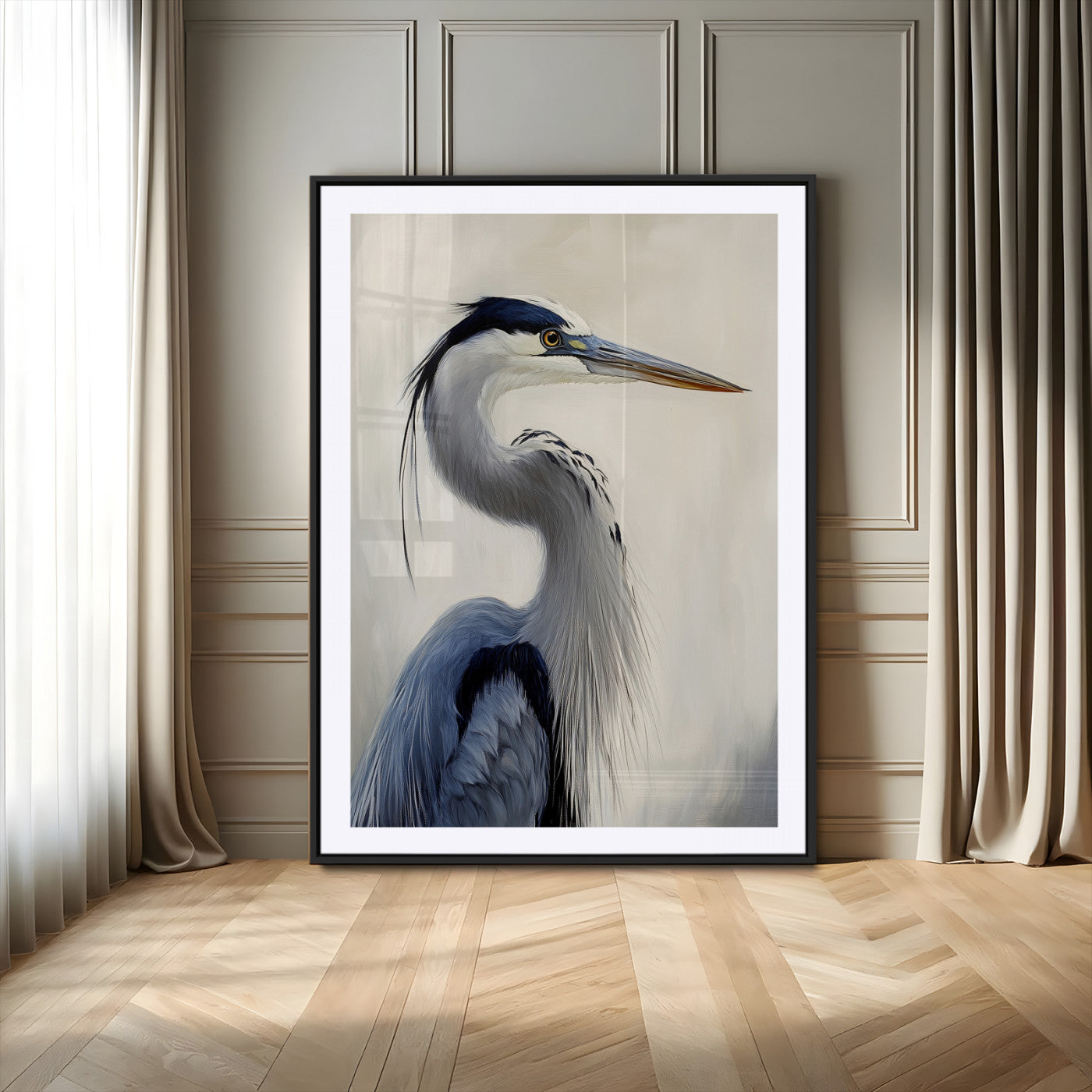 Elegant blue heron in profile with soft brush detail and neutral tones, ideal for nature-themed or coastal minimalist interiors.