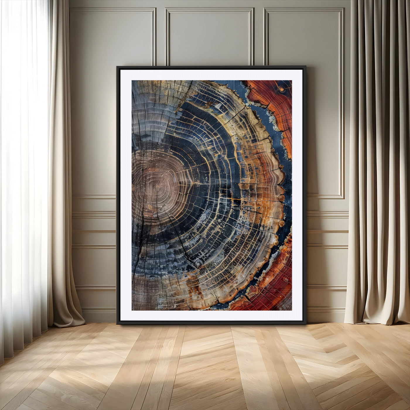 Close-up of a tree ring cross-section showing detailed growth rings in earthy tones, perfect for rustic or nature-inspired home decor.