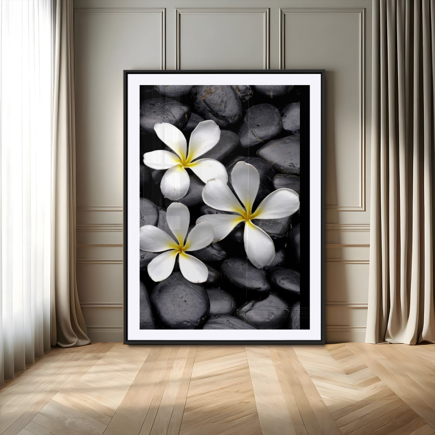 Large Wall Art White Flowers on Black Zen Meditation Stones Vertical Canvas Print