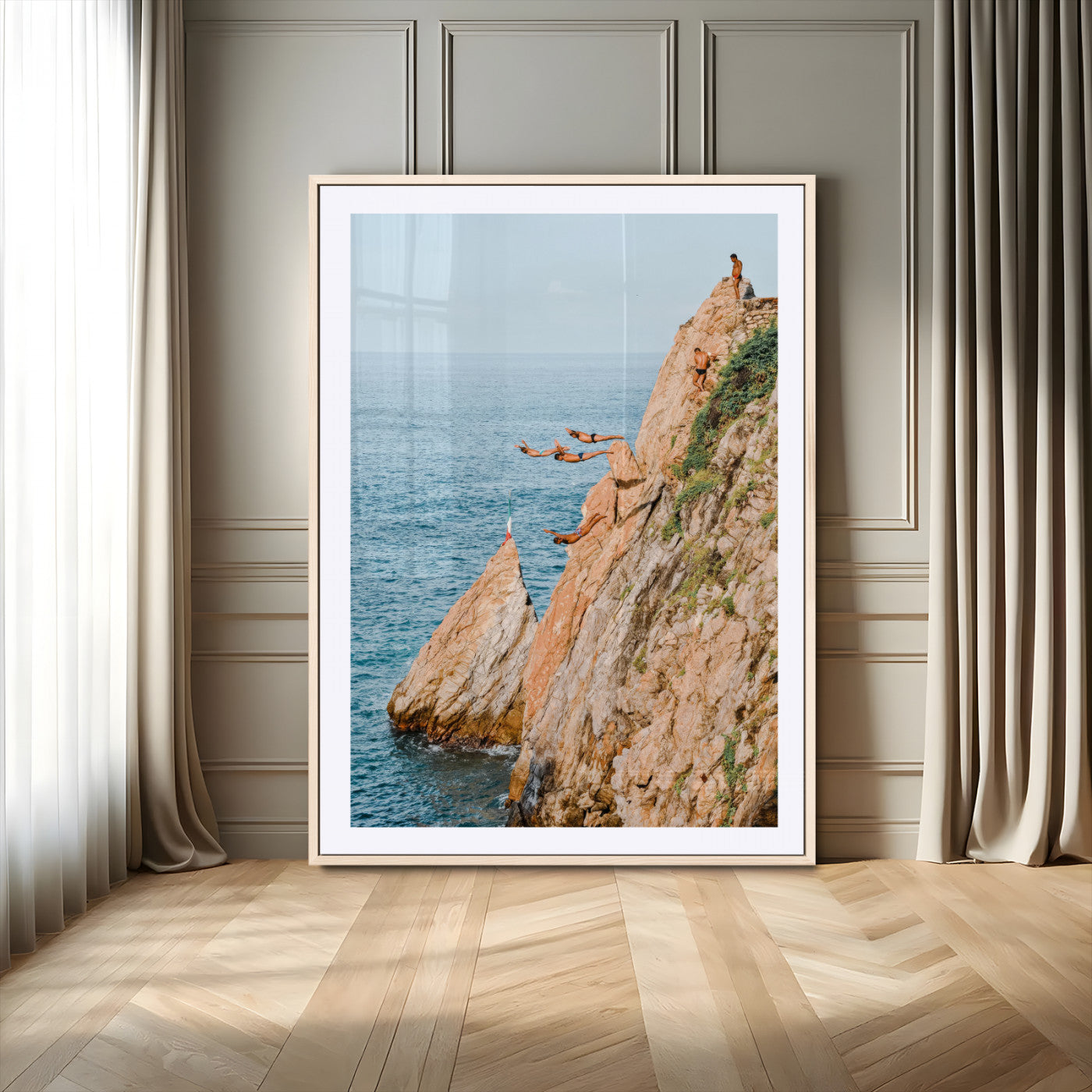 Canvas wall art capturing a bold cliff diving sequence into turquoise waters, perfect for vibrant and adventurous coastal or sporty interiors.
