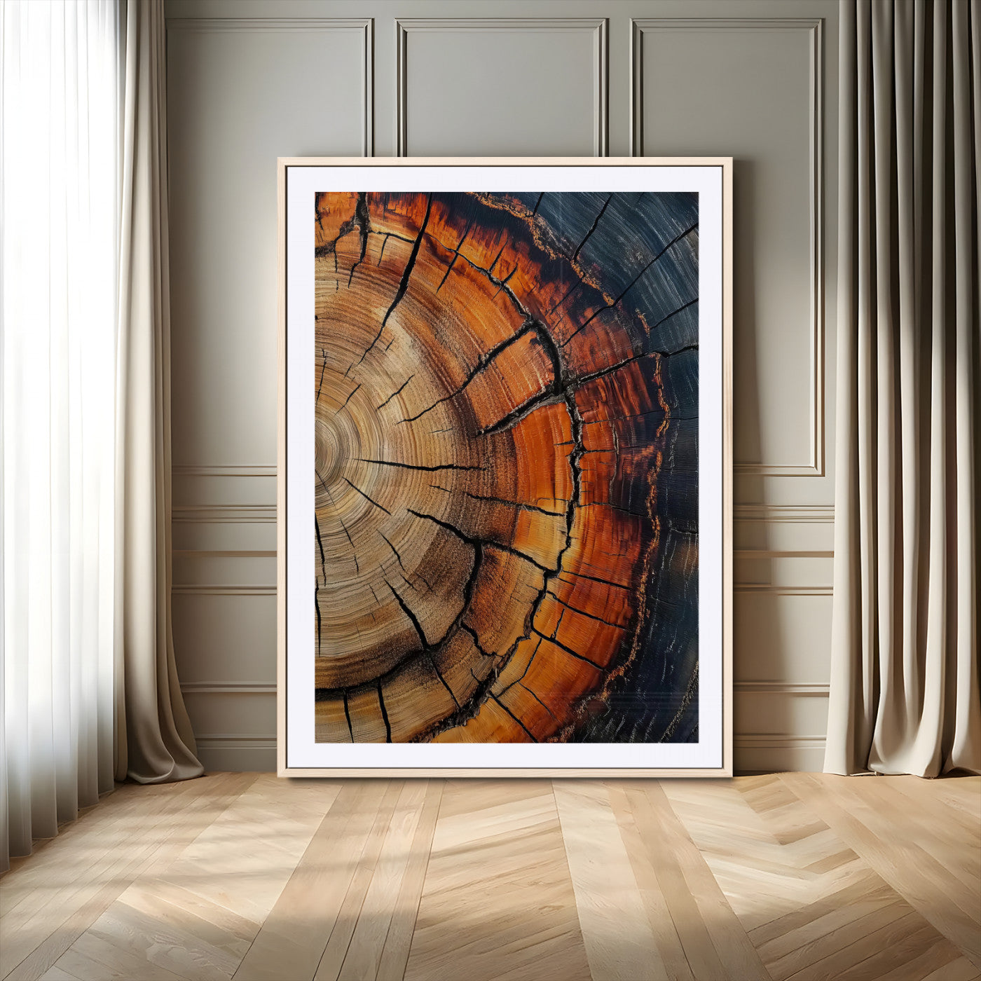 Close-up of a vibrant tree ring cross-section with orange and blue tones, ideal for rustic or boho-style interior decor.