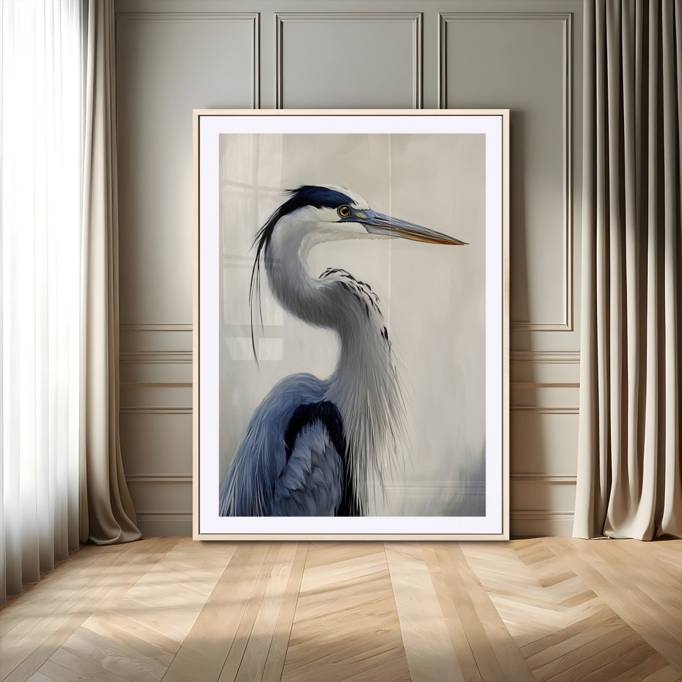 Elegant blue heron in profile with soft brush detail and neutral tones, ideal for nature-themed or coastal minimalist interiors.