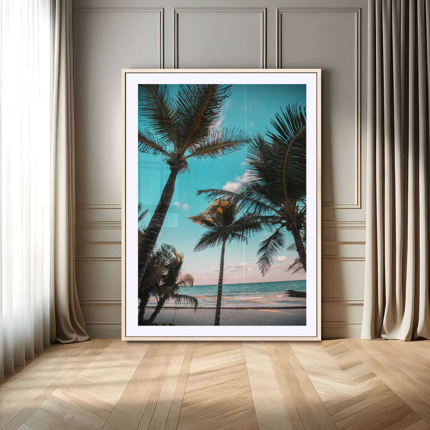 Tall palm trees swaying over a tropical beach with turquoise ocean waves and a soft sunset glow, creating a relaxing coastal vibe.