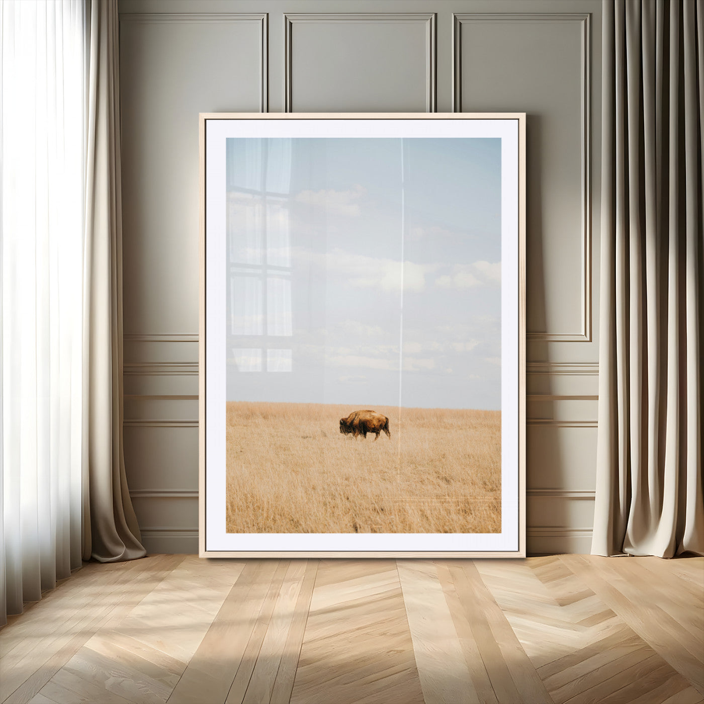 Minimalist Nature Wall Art Canvas Print, Framed Bison In Grassland Art Picture Print, Open Field Perfect Modern Ranch Decor Decor Artwork