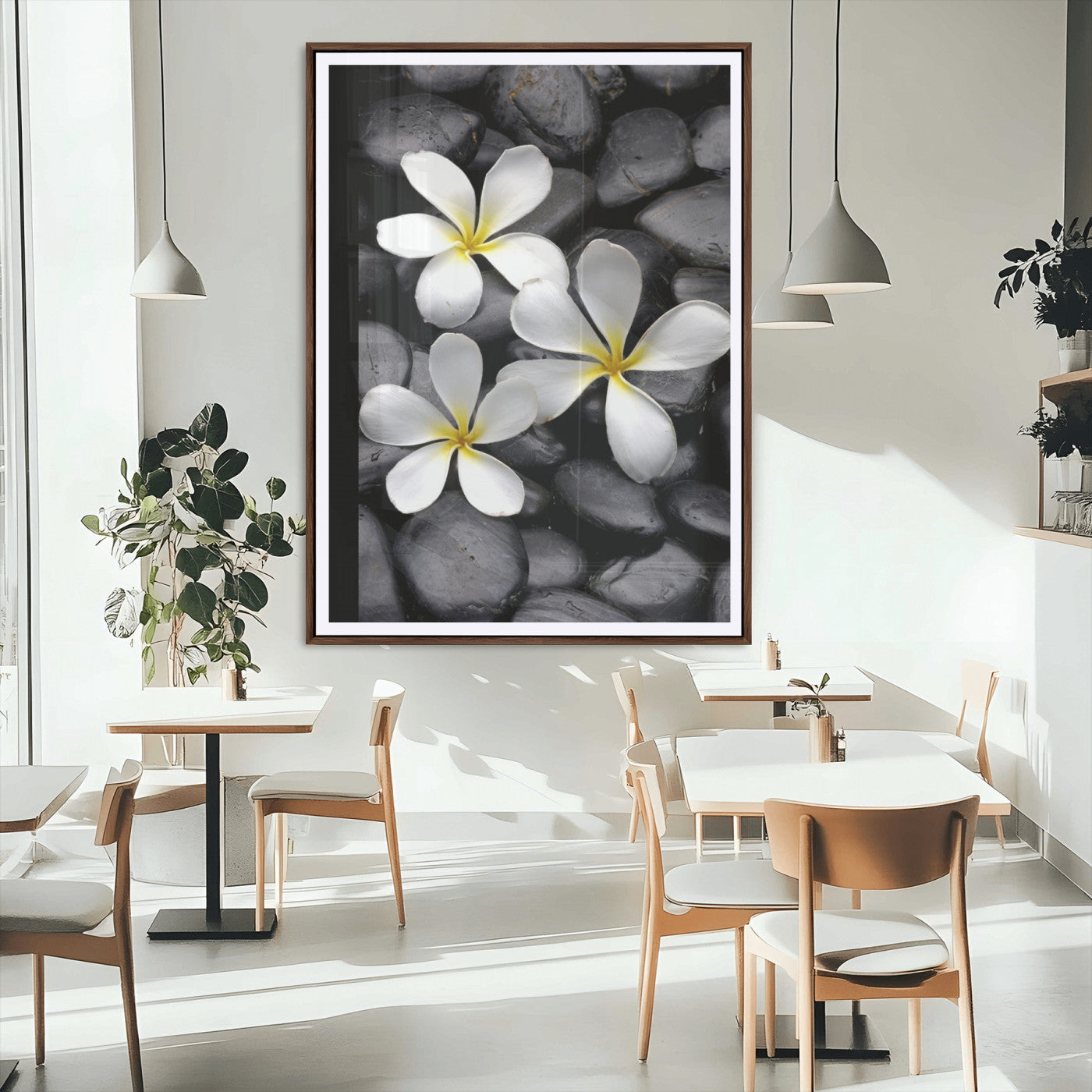 Large Wall Art White Flowers on Black Zen Meditation Stones Vertical Canvas Print