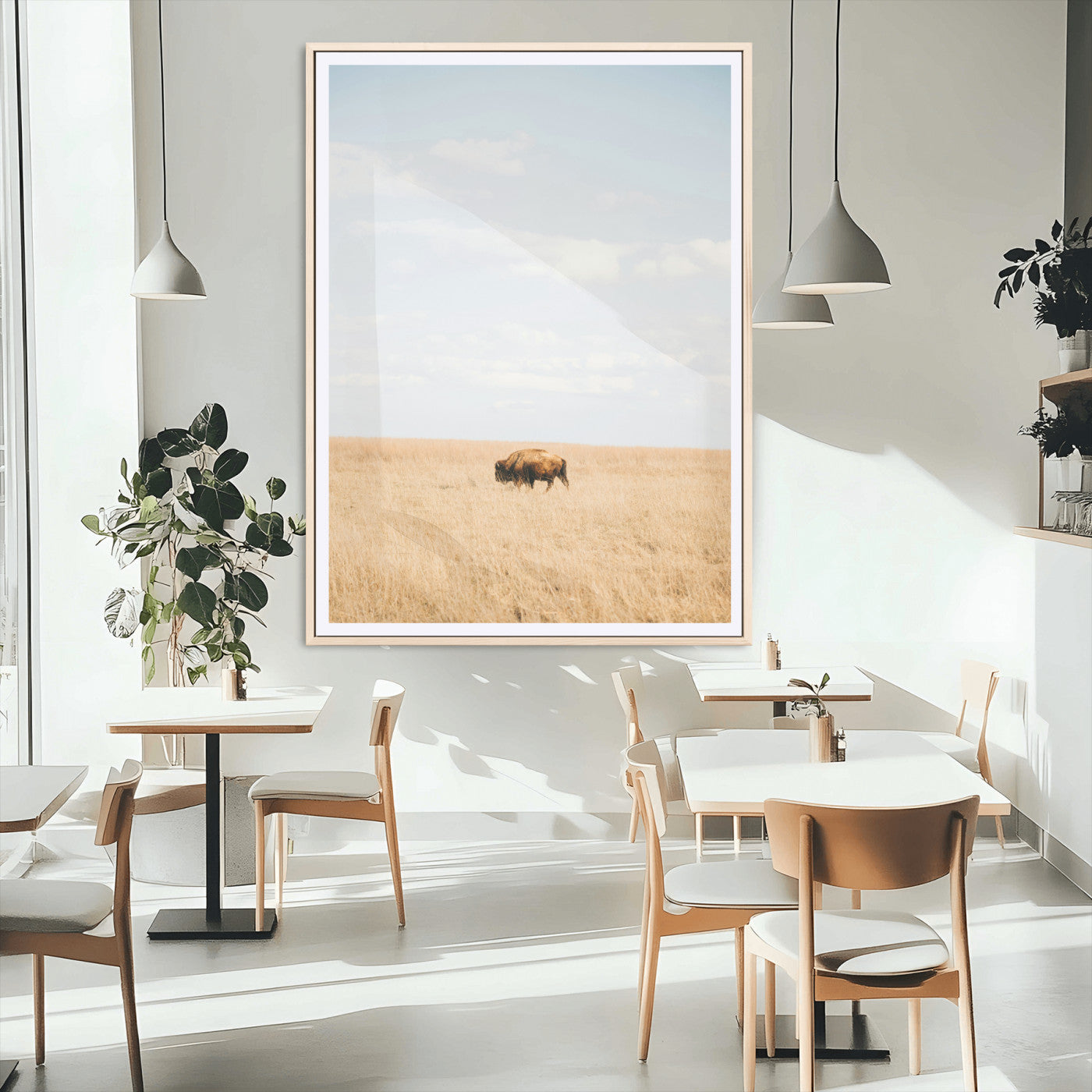 Minimalist Nature Wall Art Canvas Print, Framed Bison In Grassland Art Picture Print, Open Field Perfect Modern Ranch Decor Decor Artwork