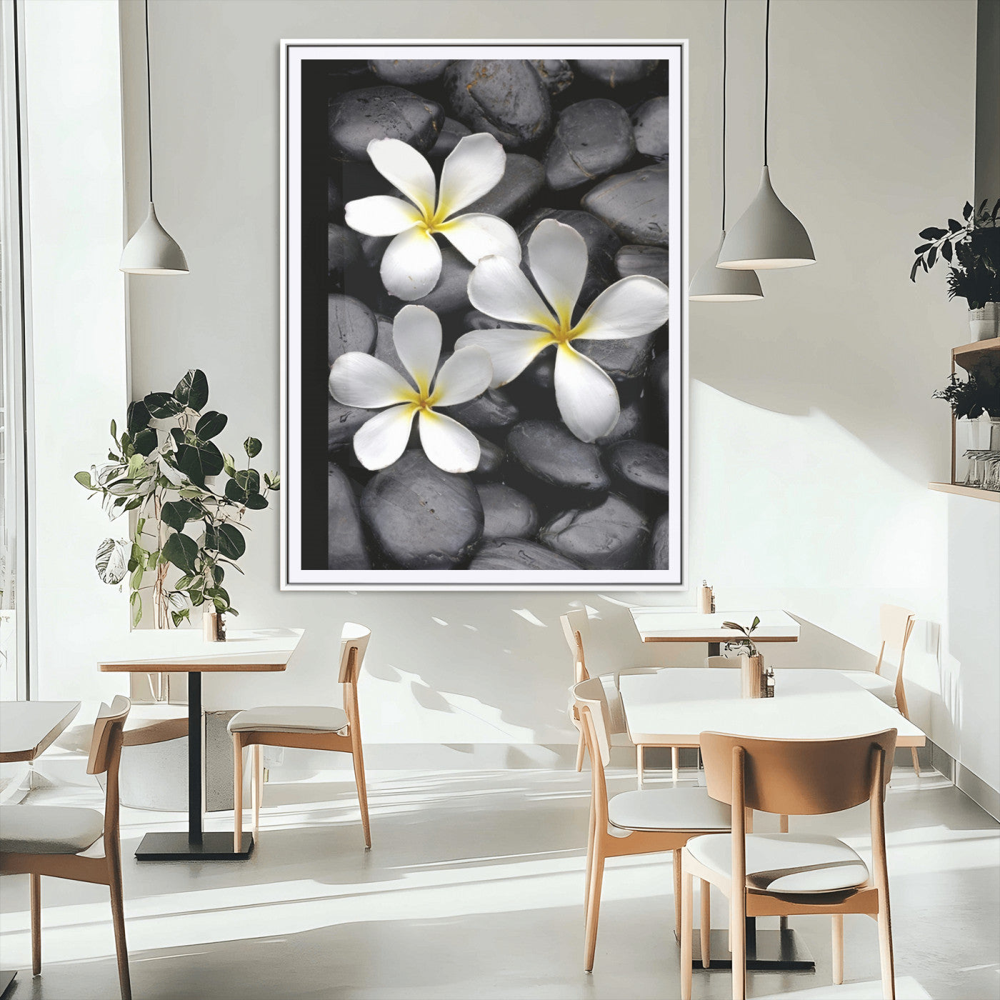 Large Wall Art White Flowers on Black Zen Meditation Stones Vertical Canvas Print