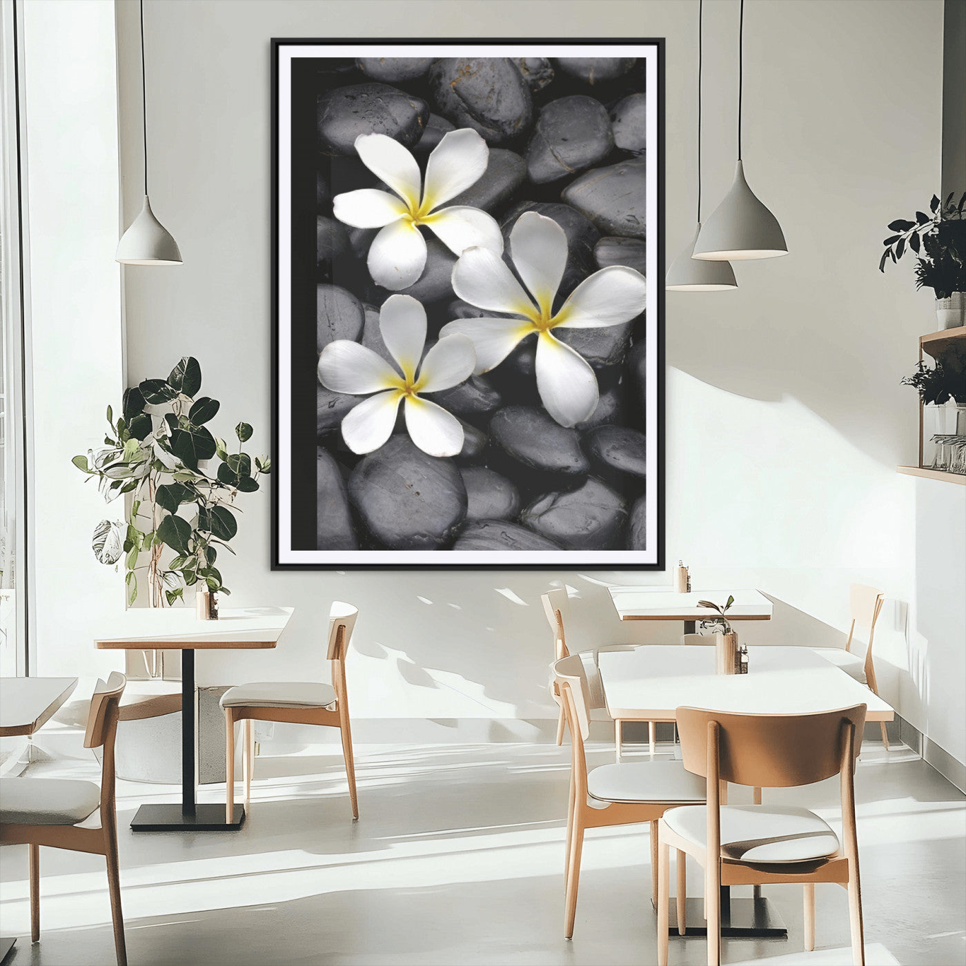Large Wall Art White Flowers on Black Zen Meditation Stones Vertical Canvas Print
