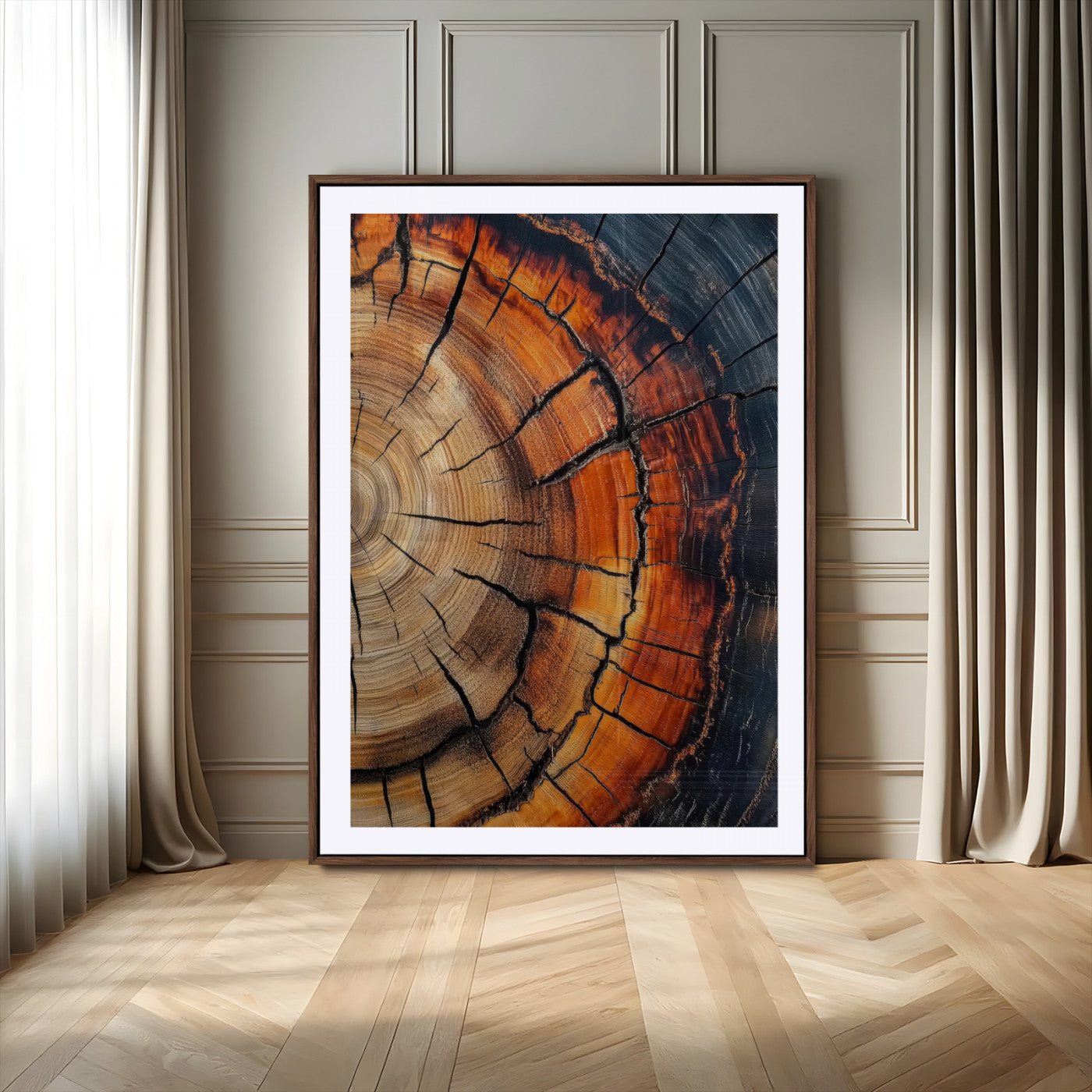 Framed canvas of burnt tree rings with rich wood texture and warm tones, ideal for rustic or earth-inspired interior decor.