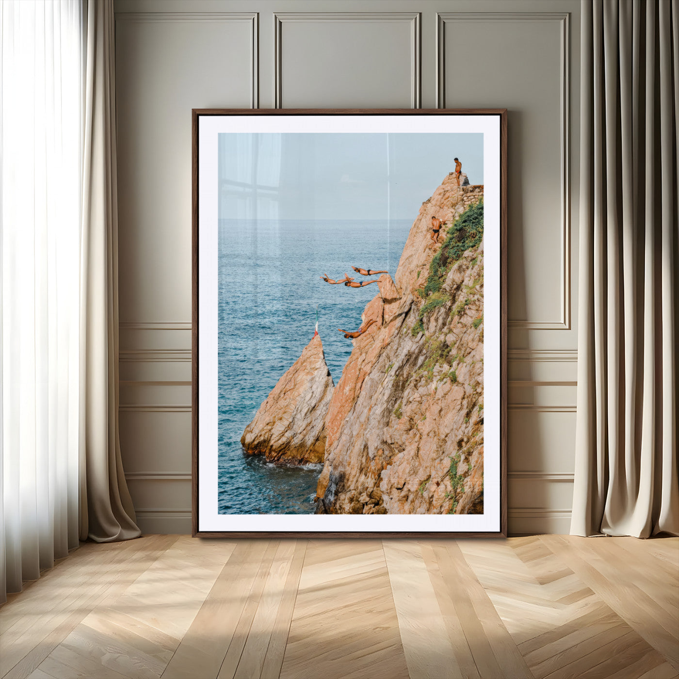 Canvas wall art capturing a bold cliff diving sequence into turquoise waters, perfect for vibrant and adventurous coastal or sporty interiors.