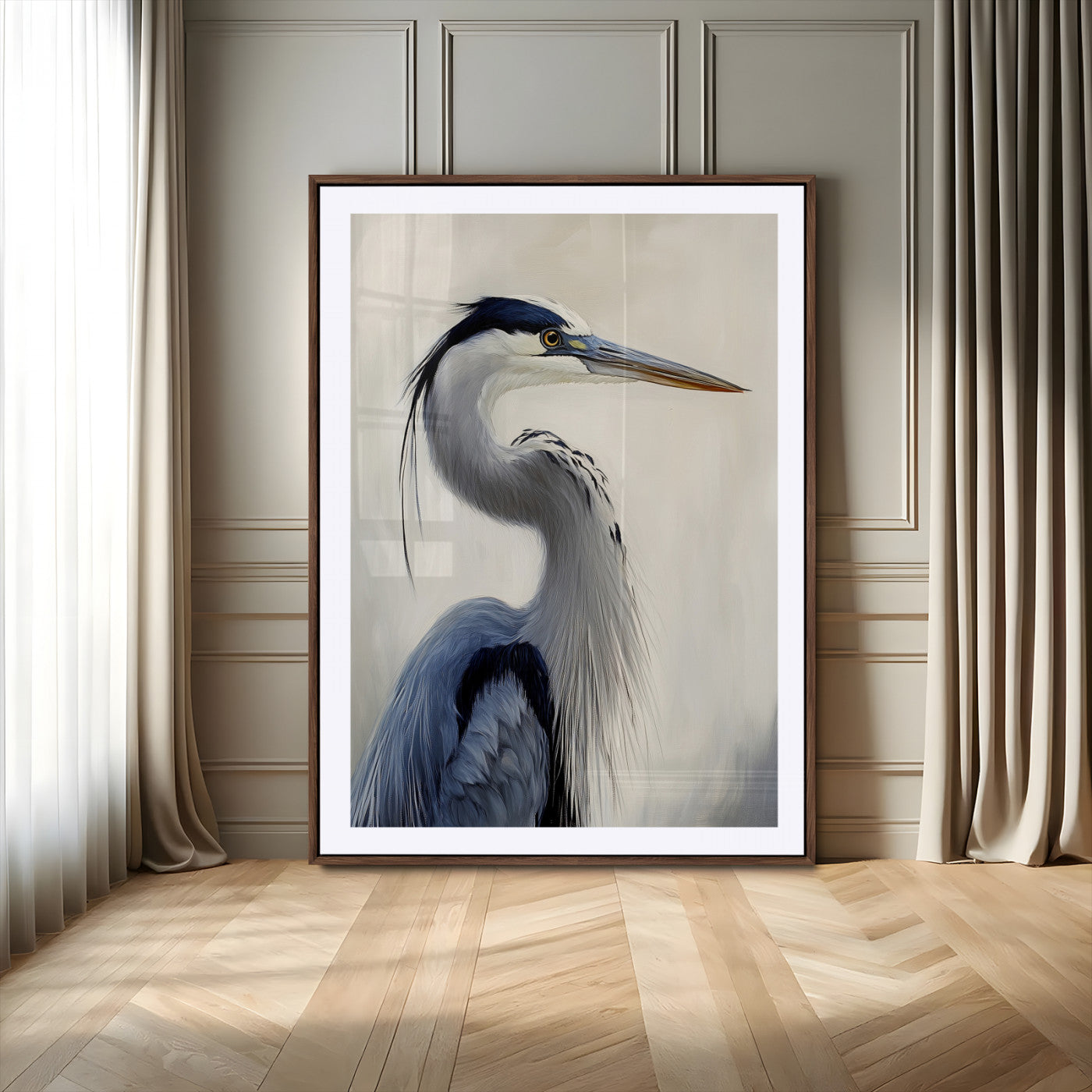 Elegant blue heron in profile with soft brush detail and neutral tones, ideal for nature-themed or coastal minimalist interiors.