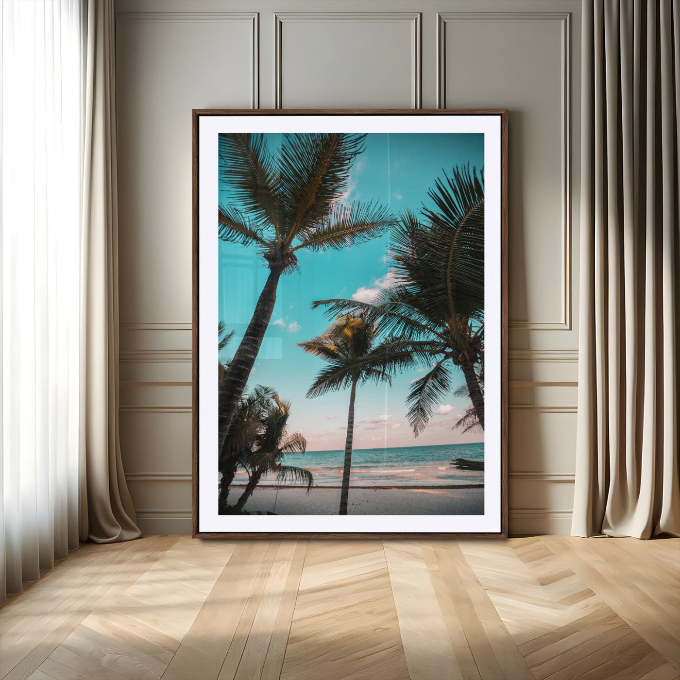 Tall palm trees swaying over a tropical beach with turquoise ocean waves and a soft sunset glow, creating a relaxing coastal vibe.