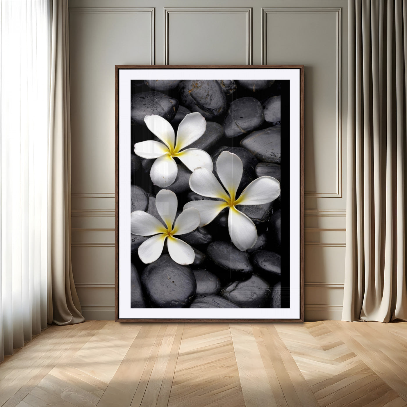 Large Wall Art White Flowers on Black Zen Meditation Stones Vertical Canvas Print