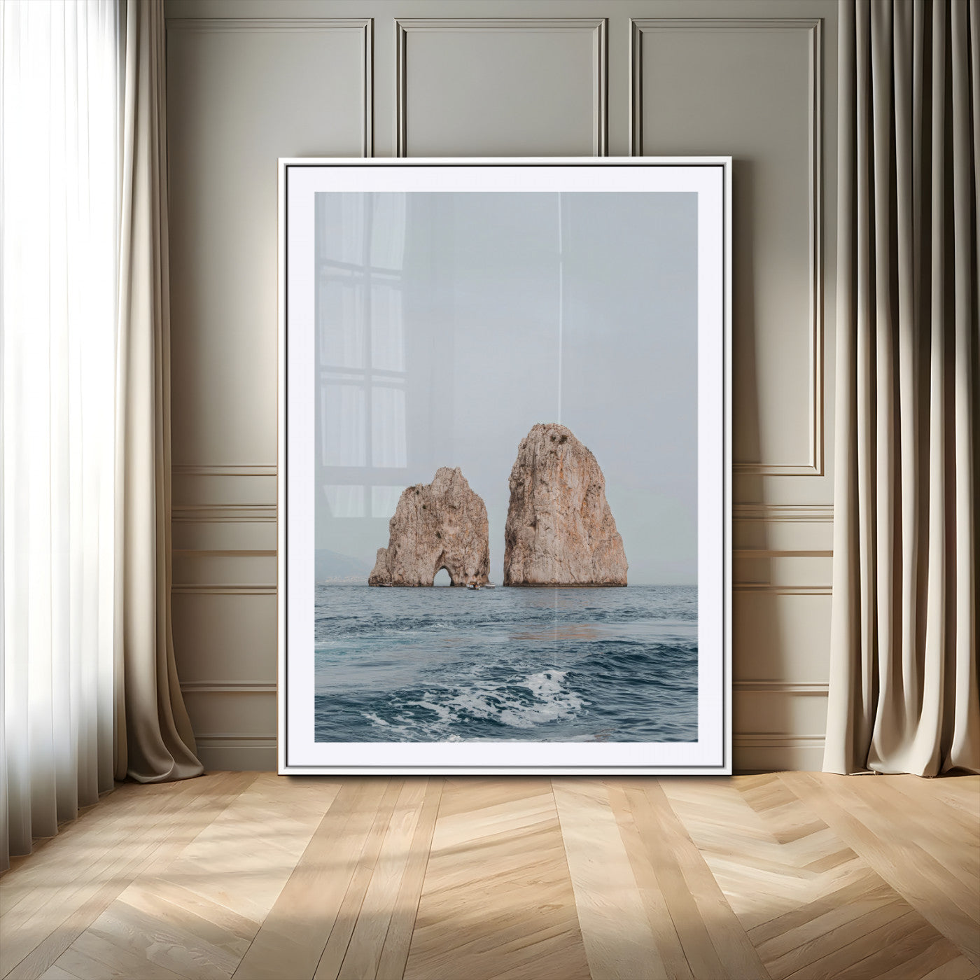 Serene photograph of the Faraglioni rocks in Capri with calm blue waters, perfect for Mediterranean coastal or minimalist travel-themed decor.