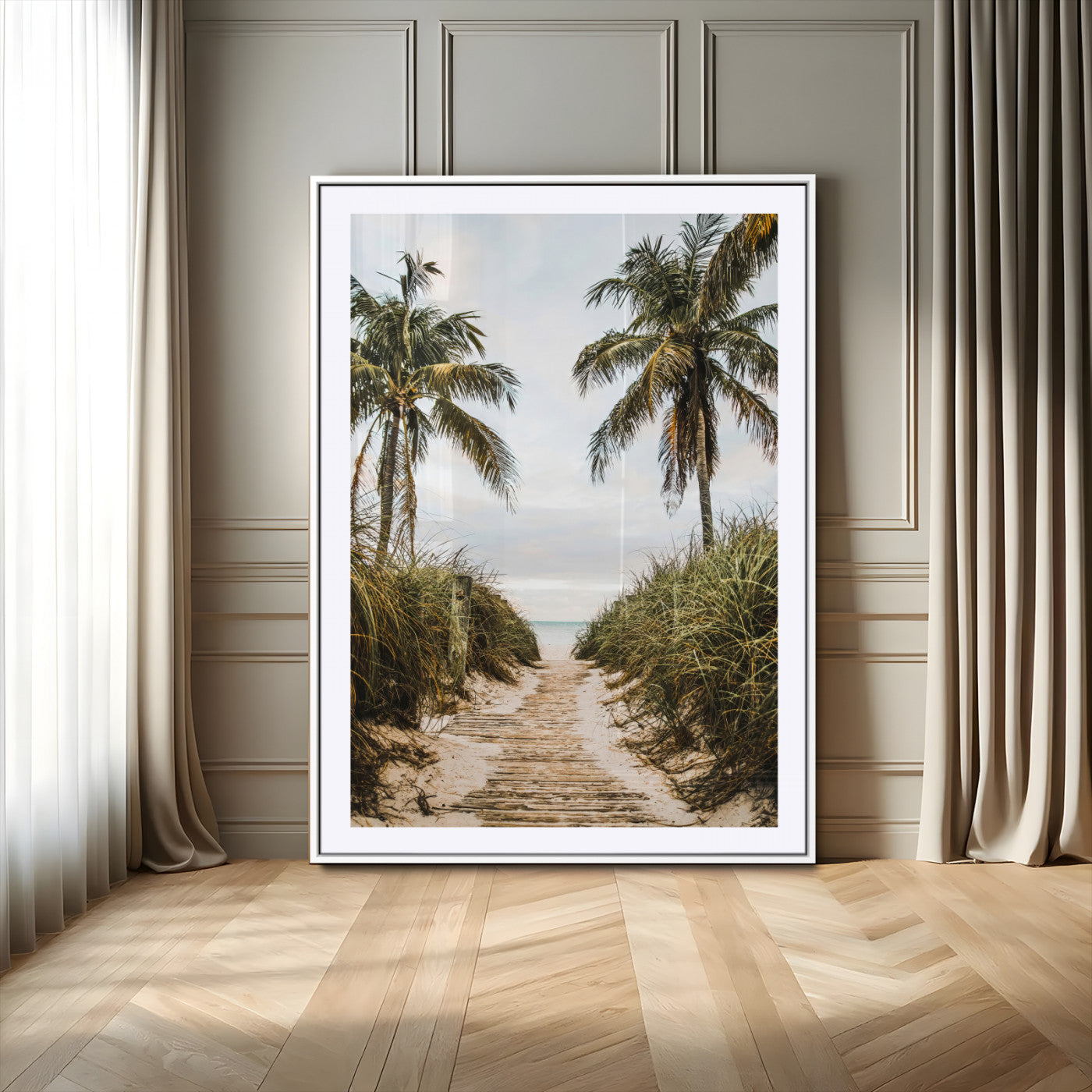Canvas wall art of a tropical beach path with palm trees and dune grass, ideal for coastal entryways or tropical-inspired home decor.