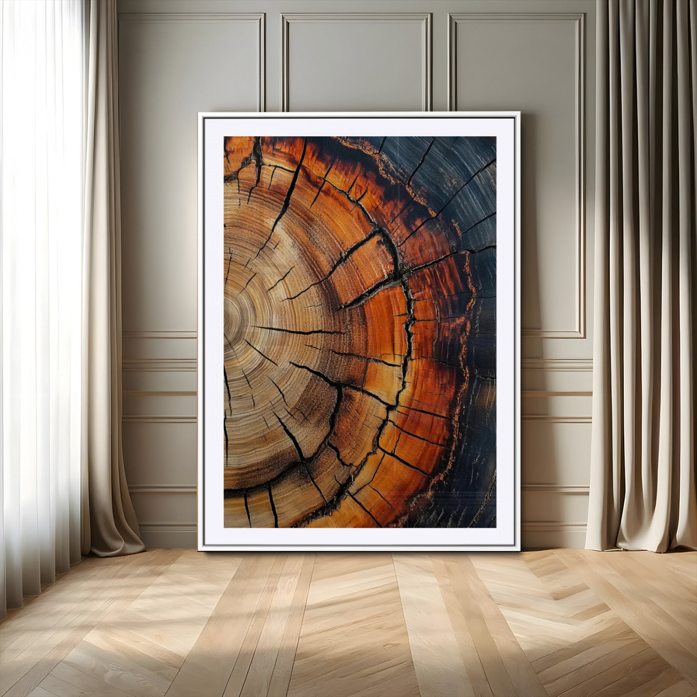 Close-up of a vibrant tree ring cross-section with orange and blue tones, ideal for rustic or boho-style interior decor.