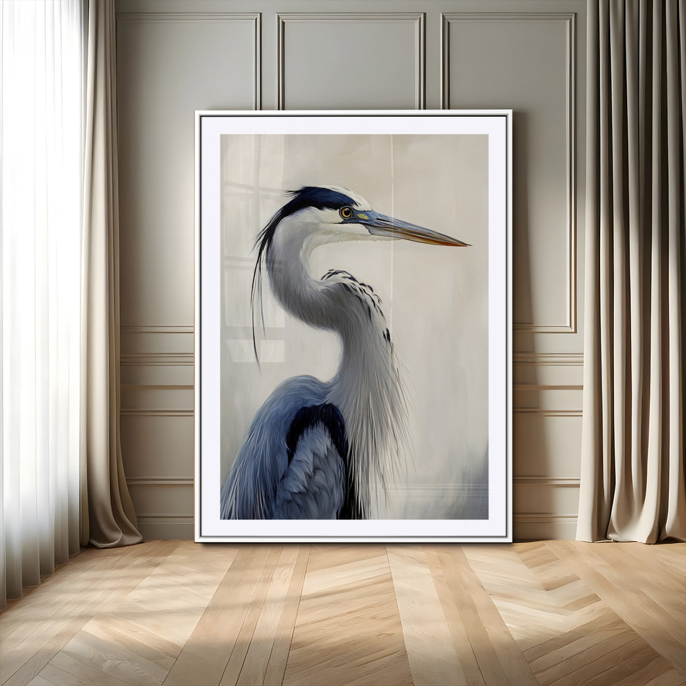 Elegant blue heron in profile with soft brush detail and neutral tones, ideal for nature-themed or coastal minimalist interiors.