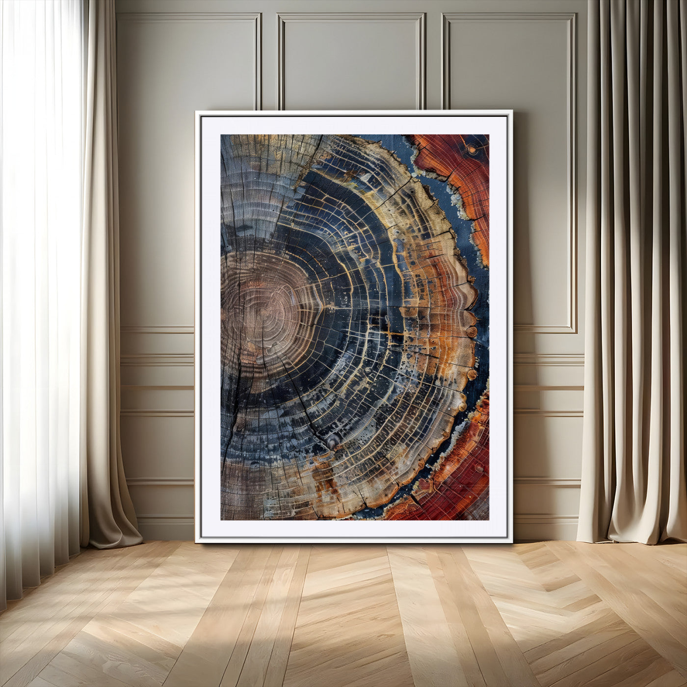 Close-up of a tree ring cross-section showing detailed growth rings in earthy tones, perfect for rustic or nature-inspired home decor.